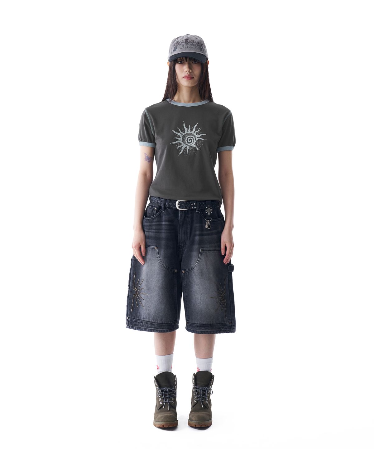 아캄(AAKAM) Washed Double Knee Bermuda Denim Pants (Black)