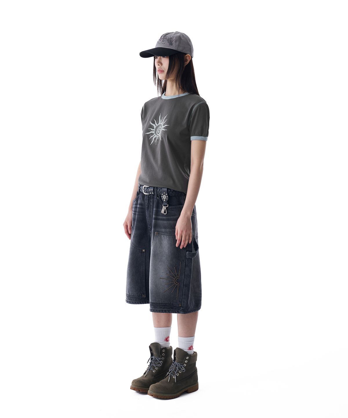 아캄(AAKAM) Washed Double Knee Bermuda Denim Pants (Black)