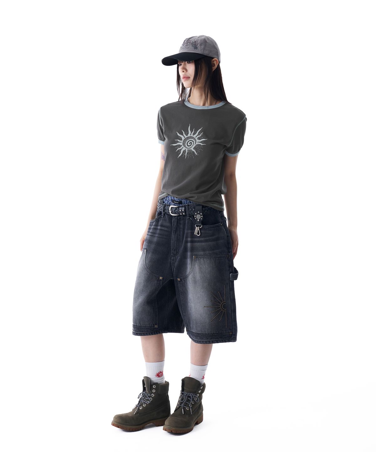 아캄(AAKAM) Washed Double Knee Bermuda Denim Pants (Black)