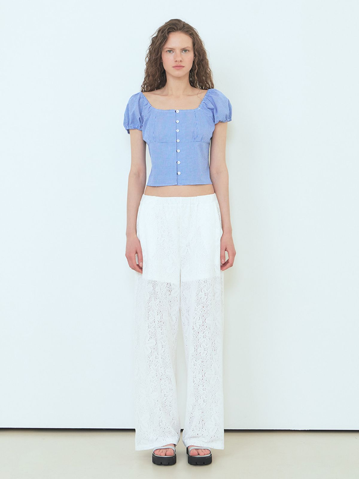 에트몽(ETMON) Check Shirring Blouse Blue