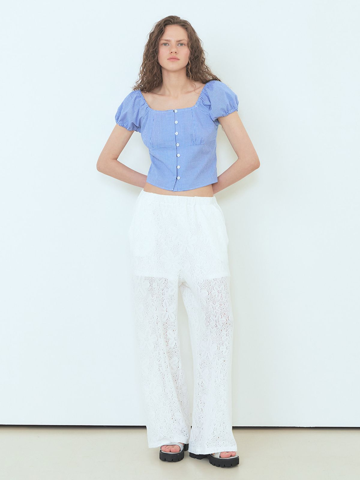 에트몽(ETMON) Check Shirring Blouse Blue