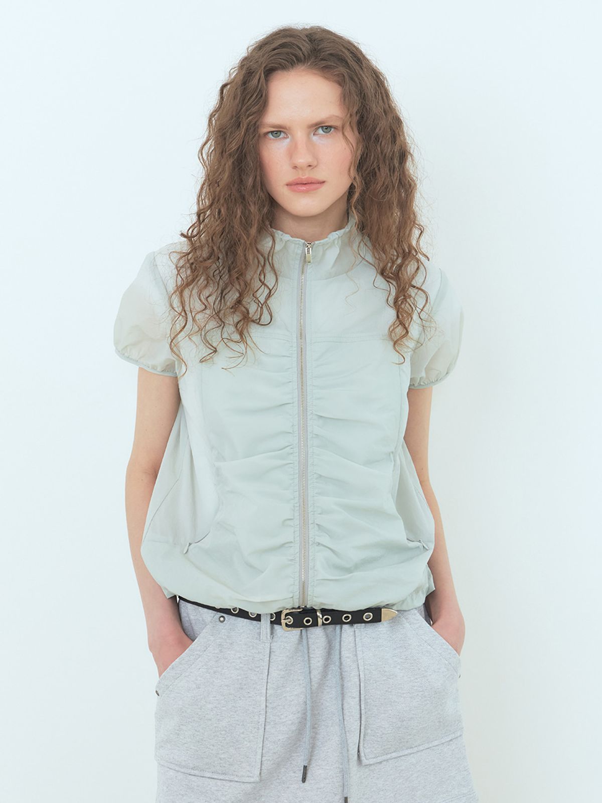 에트몽(ETMON) Curved Shirring Wind Jumper Mint Grey