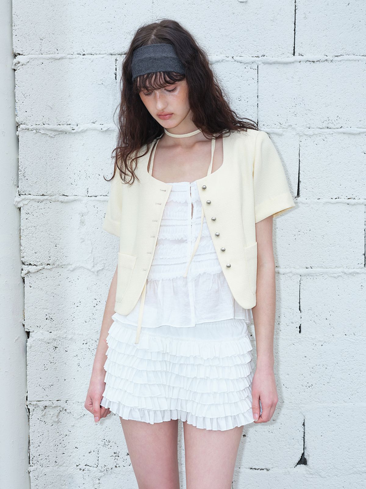 에트몽(ETMON) Button Strap Tweed Jacket, Light Yellow