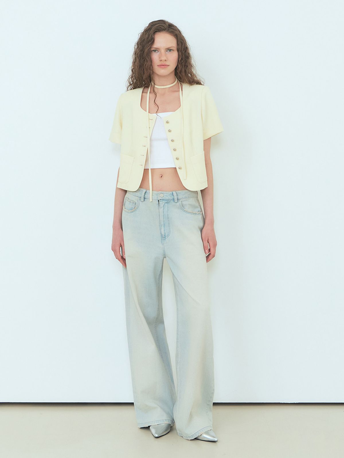에트몽(ETMON) Button Strap Tweed Jacket, Light Yellow