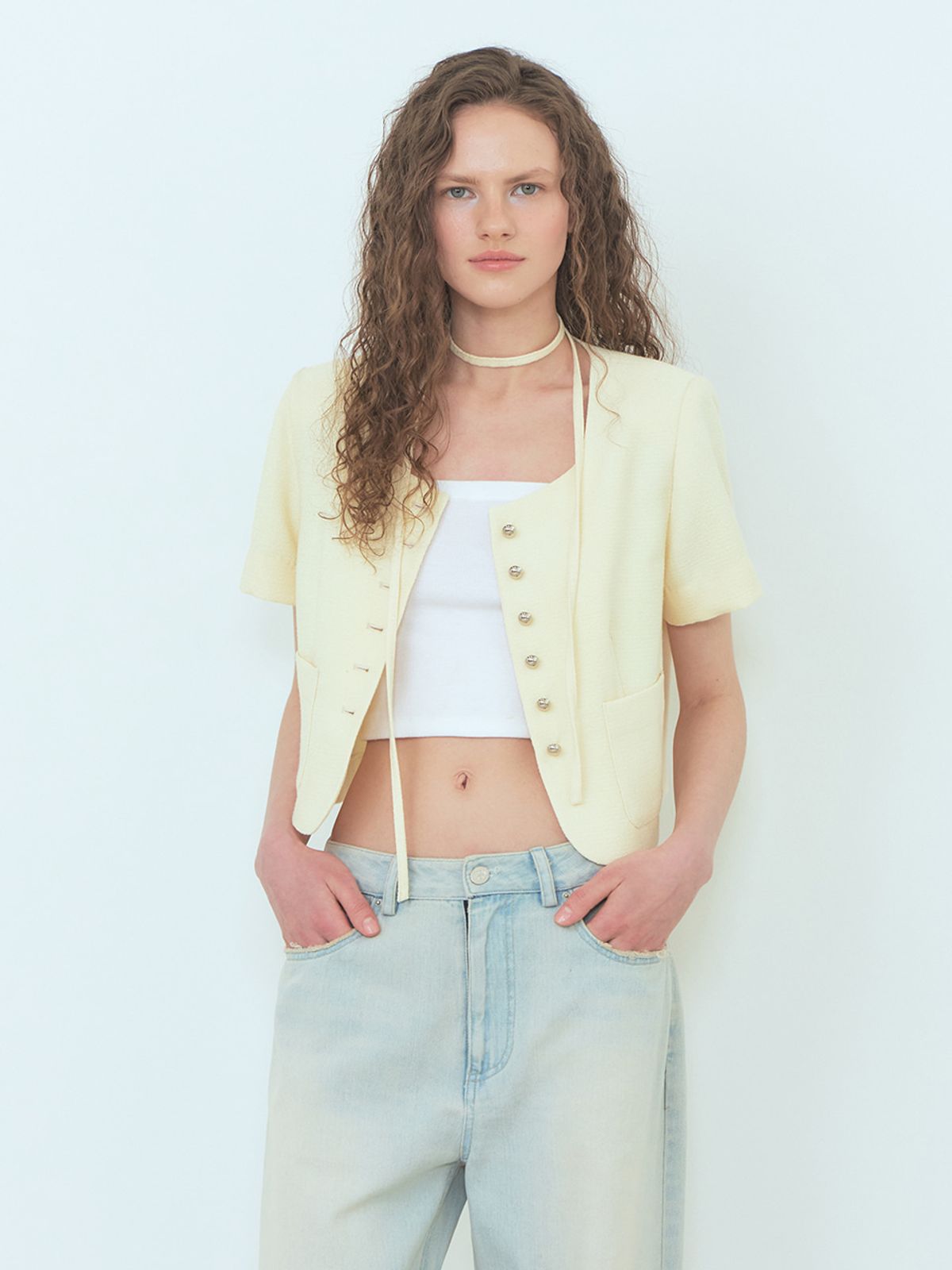에트몽(ETMON) Button Strap Tweed Jacket, Light Yellow