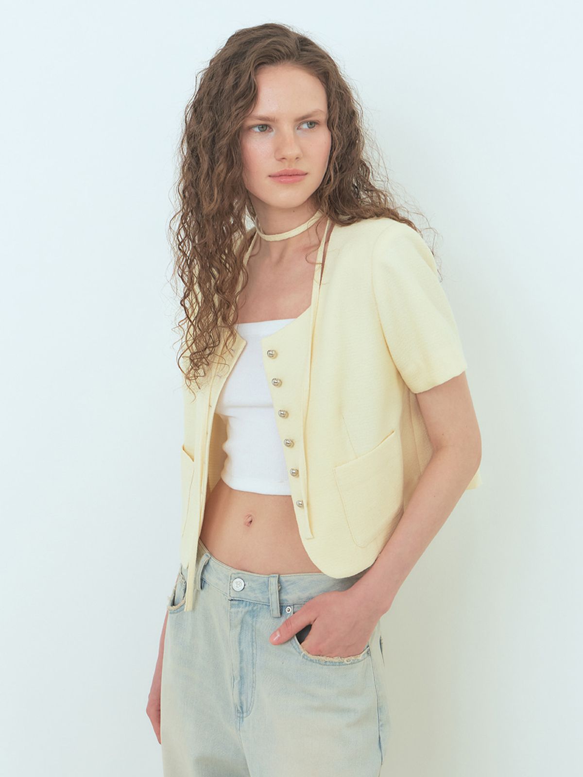 에트몽(ETMON) Button Strap Tweed Jacket, Light Yellow