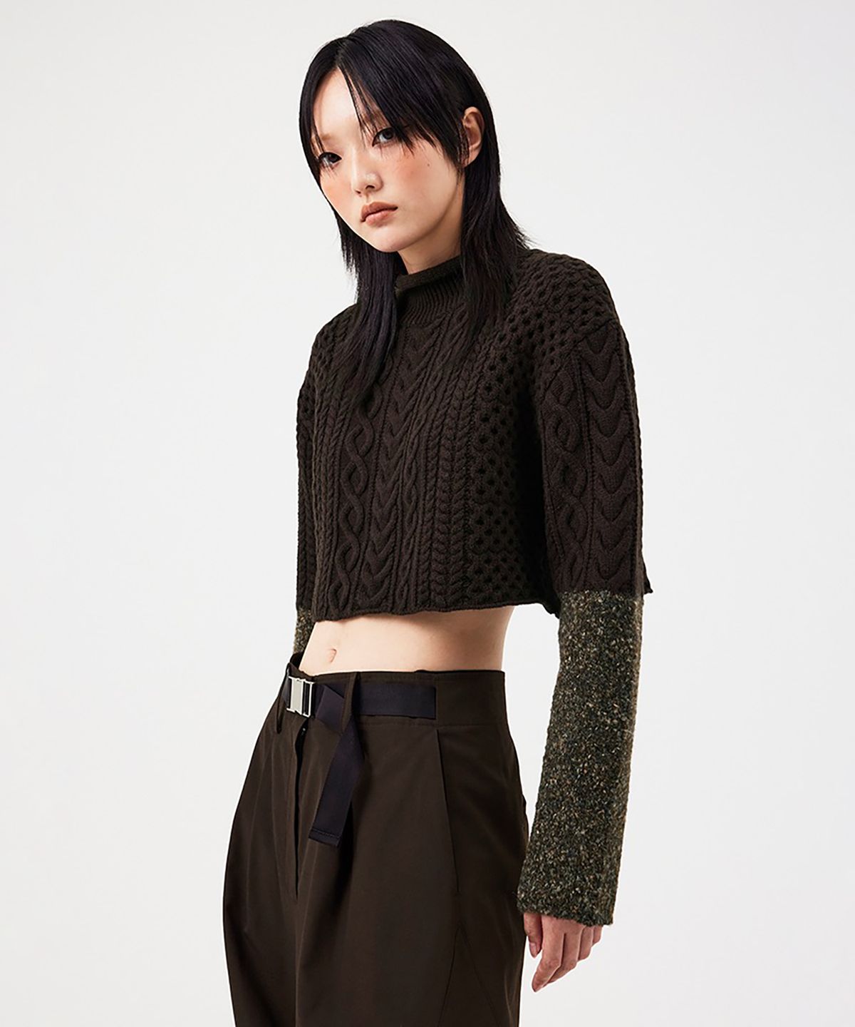 스튜디오 톰보이 엑스(STUDIO TOMBOY X) (W) 크롭 케이블 니트 풀오버 브라운 CROPPED CABLE KNIT PULLOVER BROWN