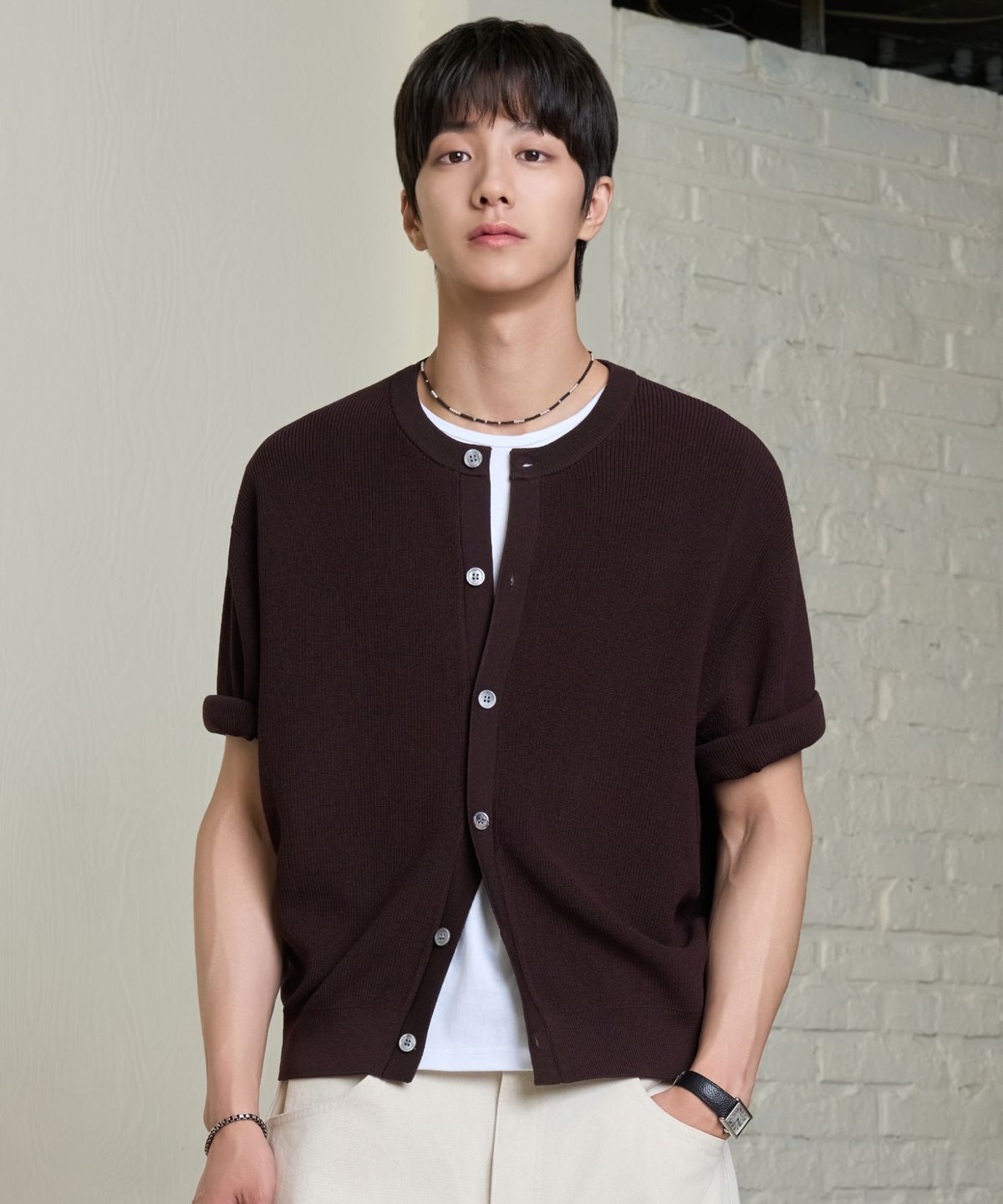 효지(HYOJI) SS 워셔블 루즈핏 크롭 라운드 하찌 반팔 니트 가디건