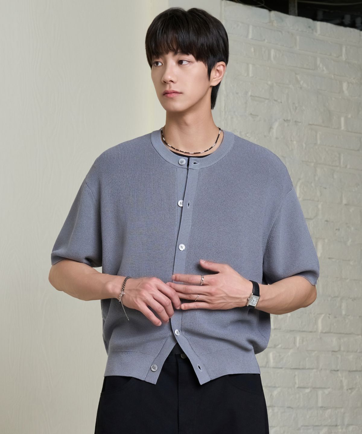 효지(HYOJI) SS 워셔블 루즈핏 크롭 라운드 하찌 반팔 니트 가디건