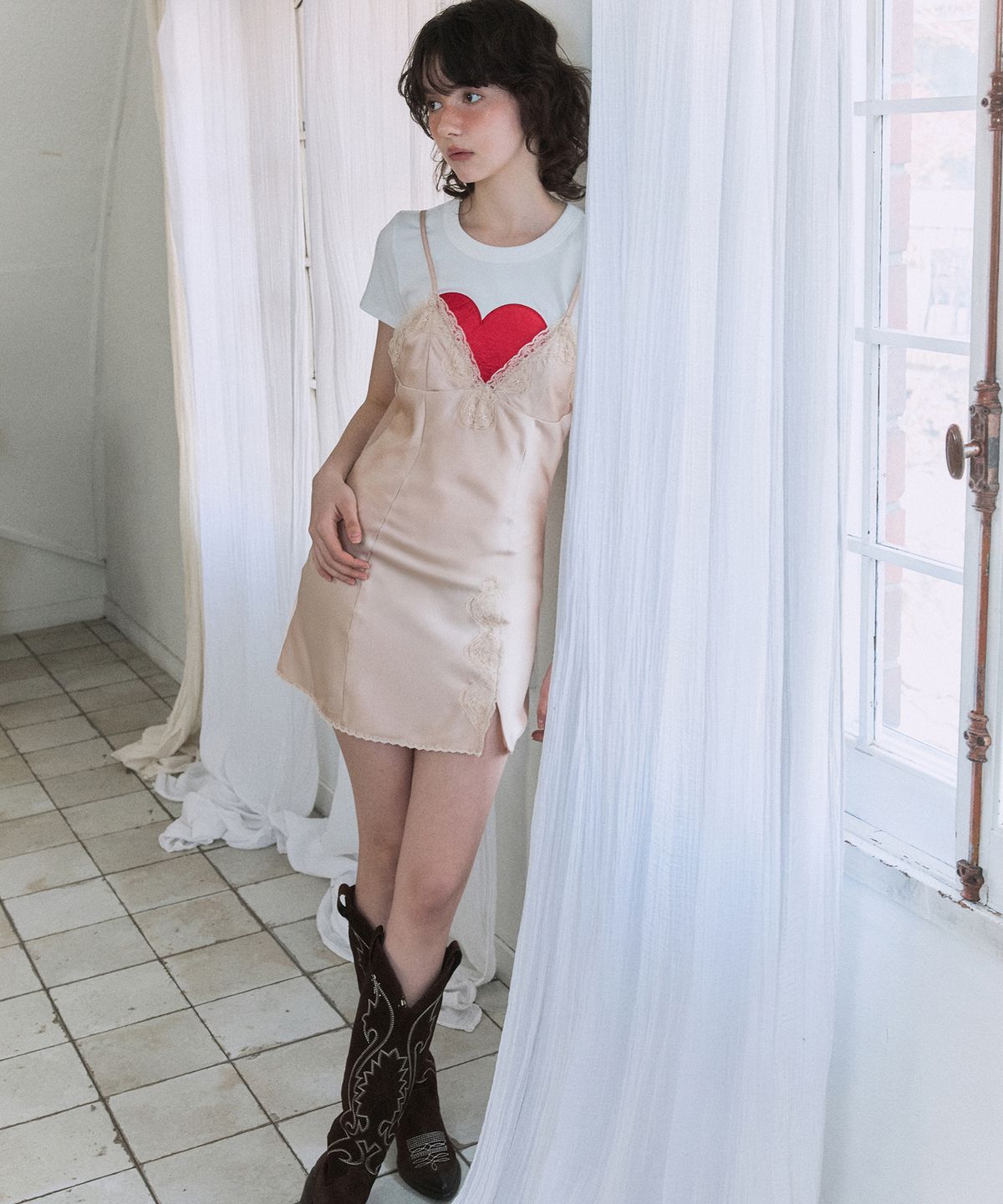 그린버터(GREENBUTTER) Silky Lace Slip Mini Dress (Pink)