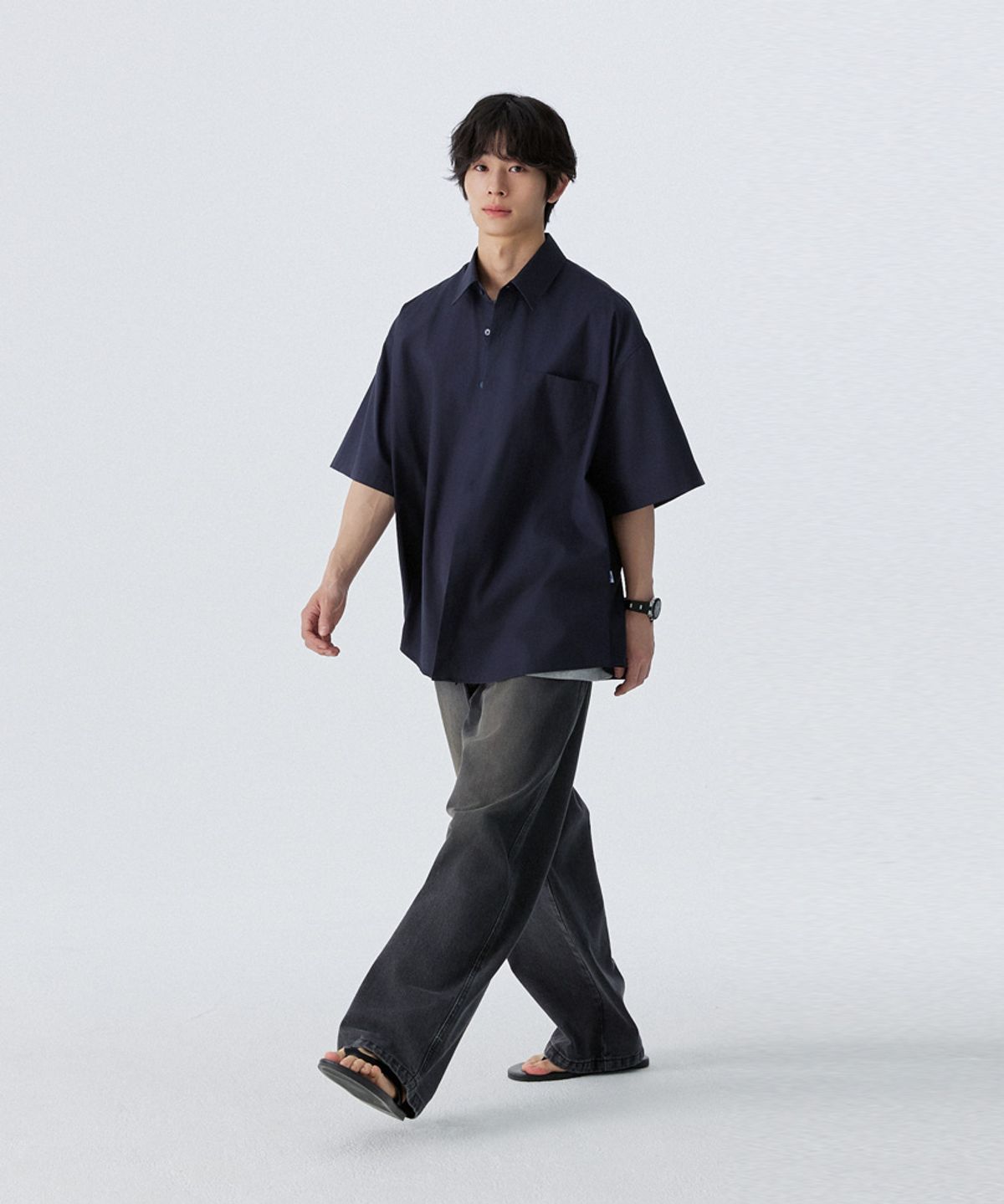 스탠즈(STENDS) [M~4XL] 플로우 코튼 반팔 셔츠_네이비