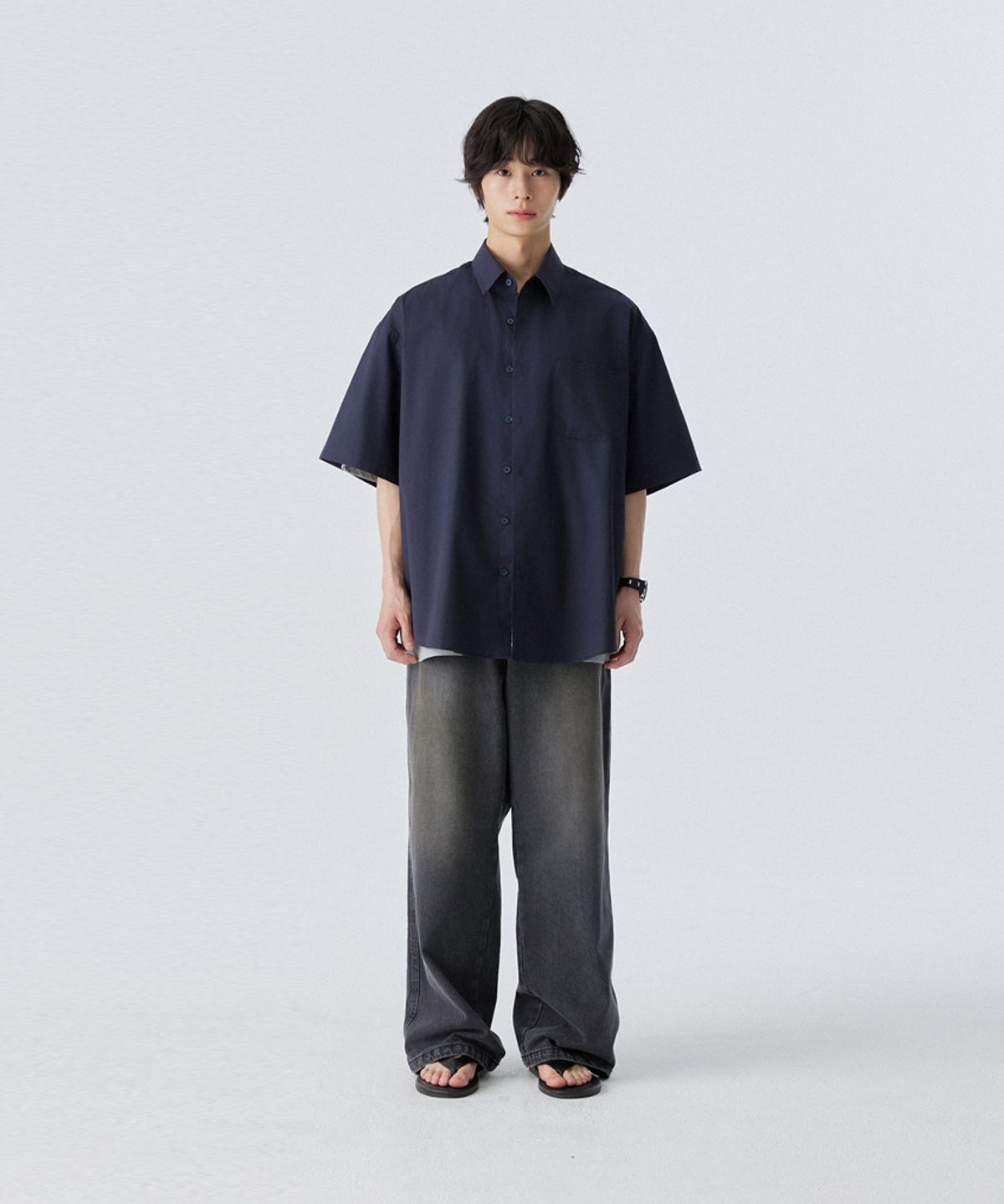 스탠즈(STENDS) [M~4XL] 플로우 코튼 반팔 셔츠_네이비