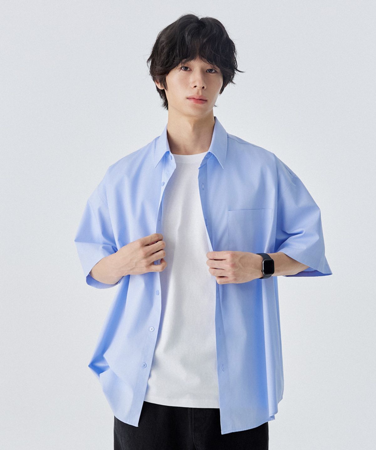 스탠즈(STENDS) [M~4XL] 플로우 코튼 반팔 셔츠_스카이 블루
