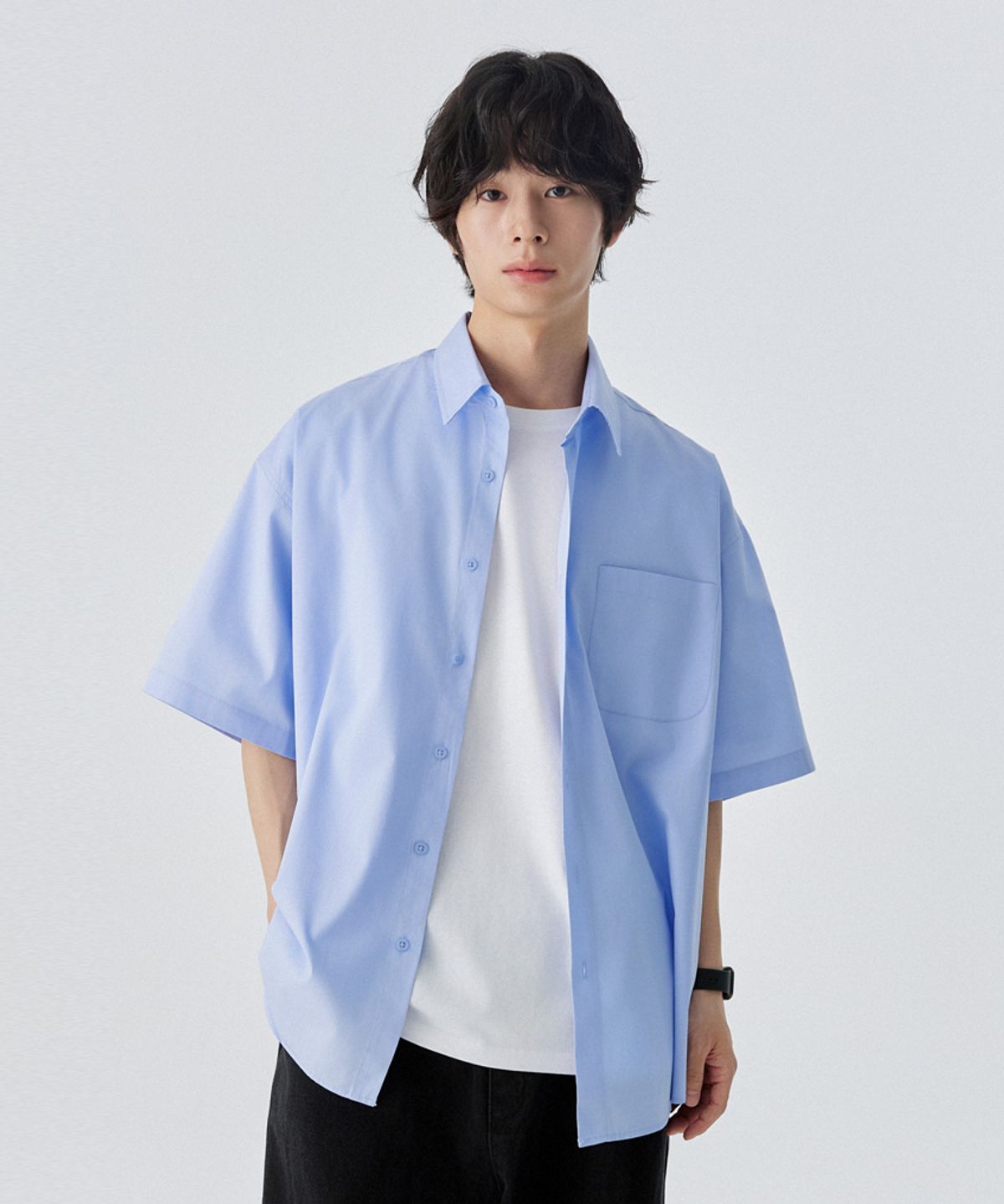 스탠즈(STENDS) [M~4XL] 플로우 코튼 반팔 셔츠_스카이 블루