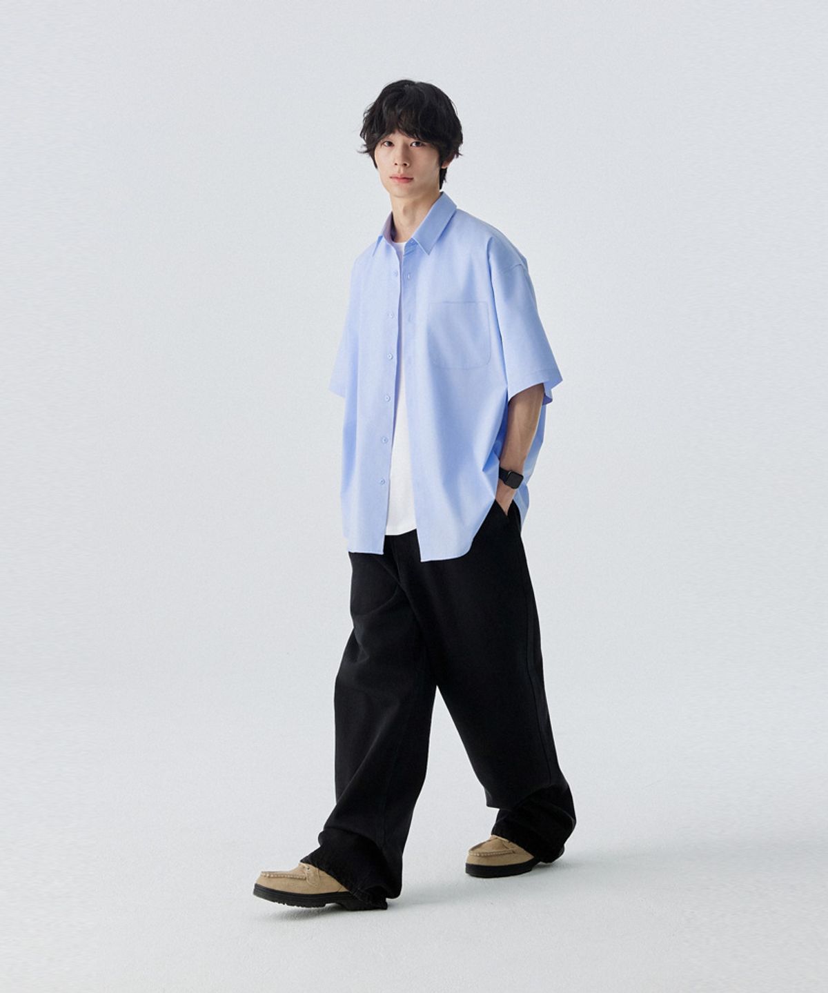 스탠즈(STENDS) [M~4XL] 플로우 코튼 반팔 셔츠_스카이 블루