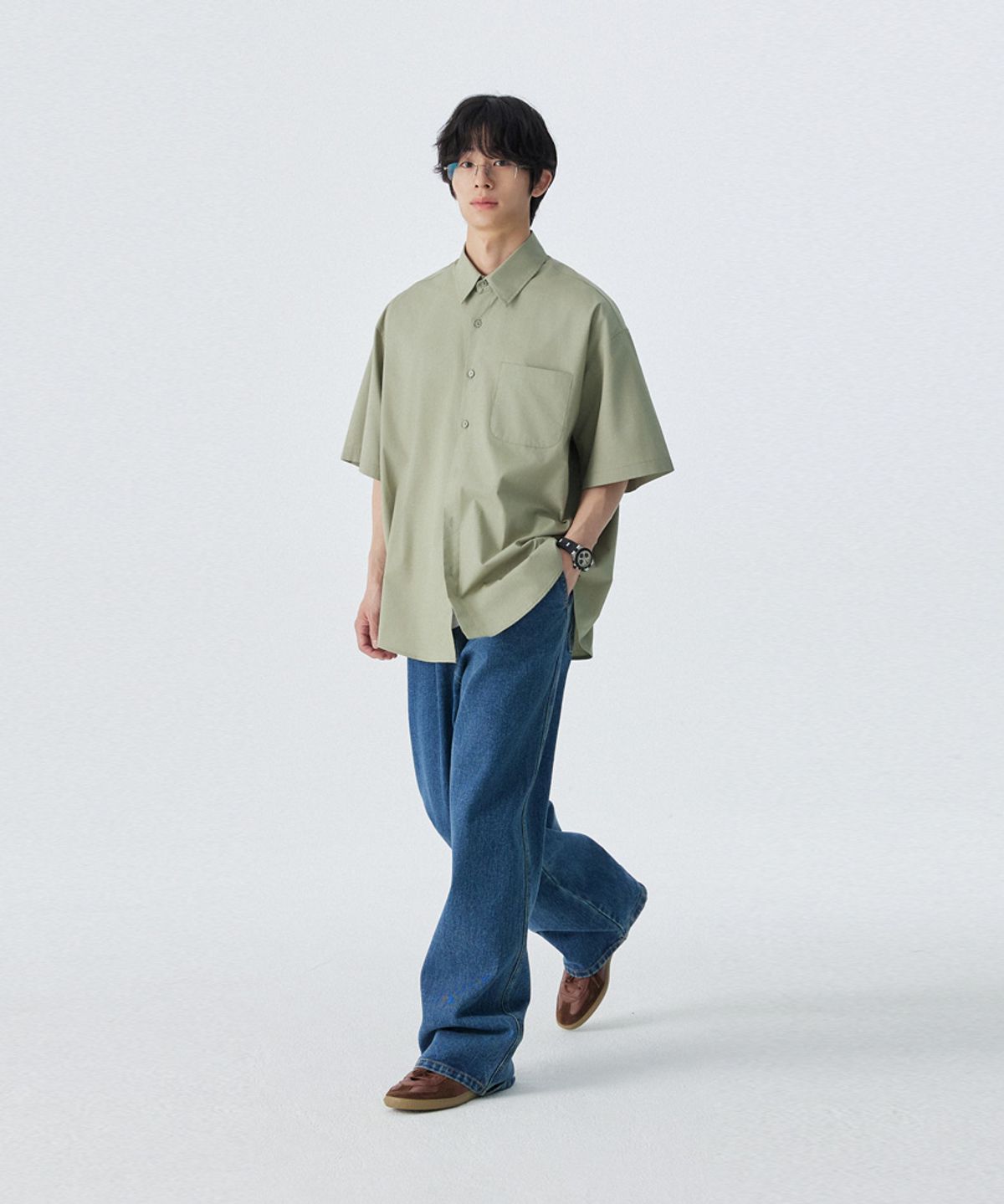 스탠즈(STENDS) [M~4XL] 플로우 코튼 반팔 셔츠_카키