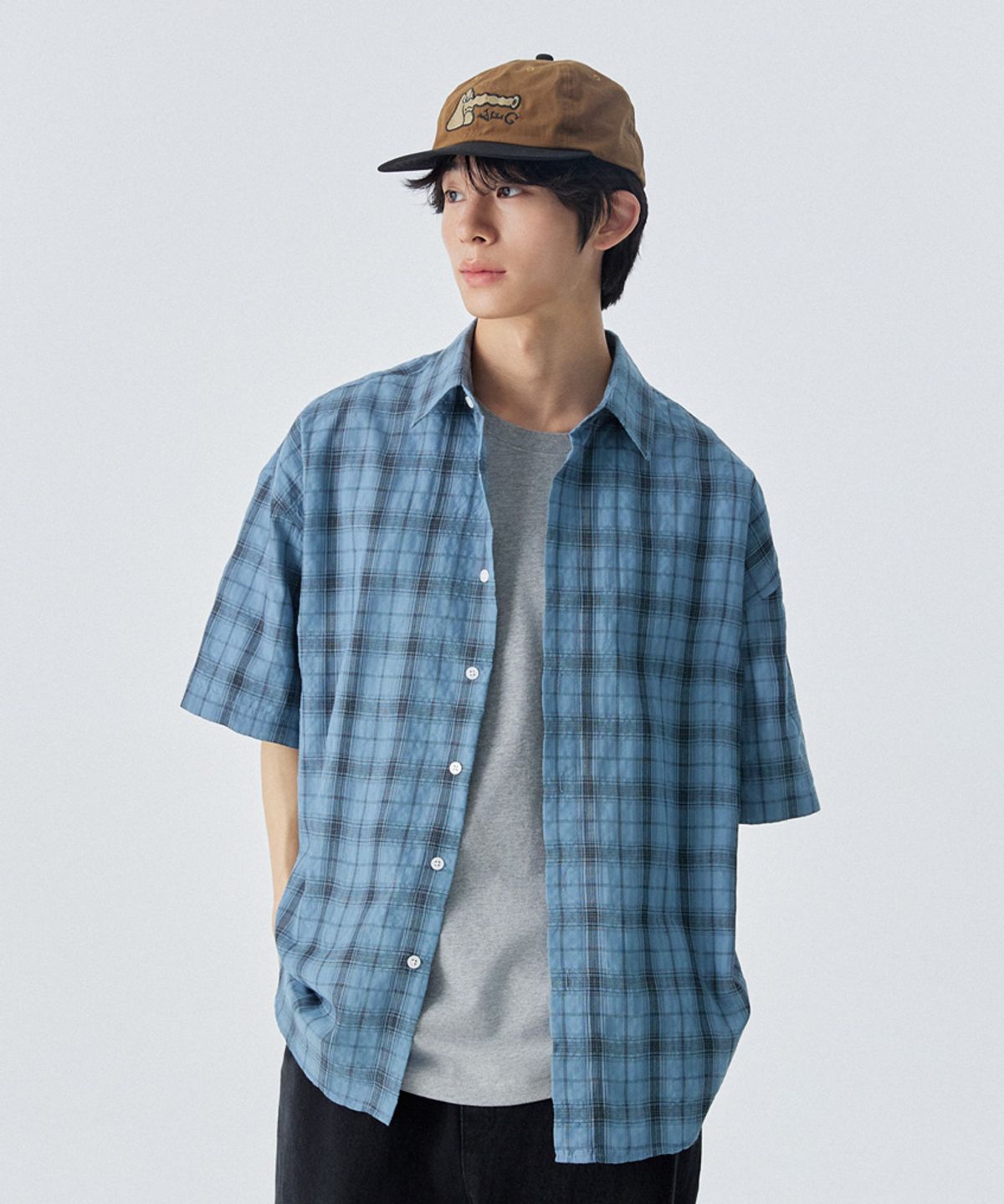 스탠즈(STENDS) [M~4XL] 링클 체크 반팔 셔츠_블루