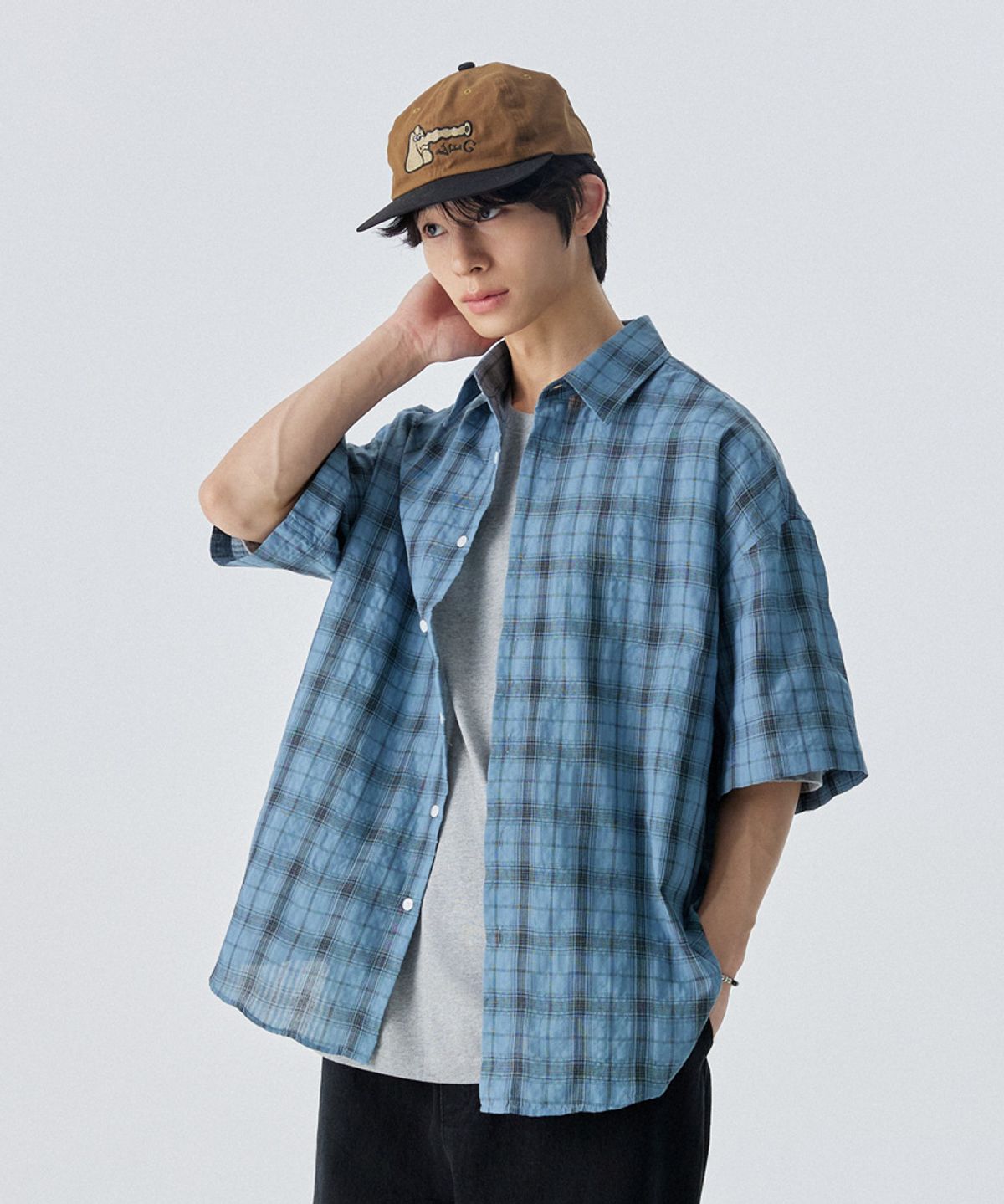 스탠즈(STENDS) [M~4XL] 링클 체크 반팔 셔츠_블루