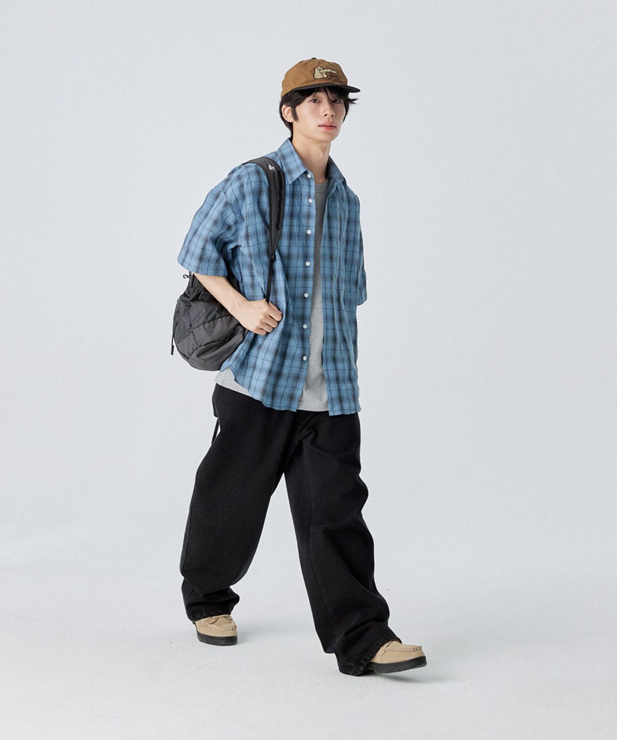 스탠즈(STENDS) [M~4XL] 링클 체크 반팔 셔츠_블루