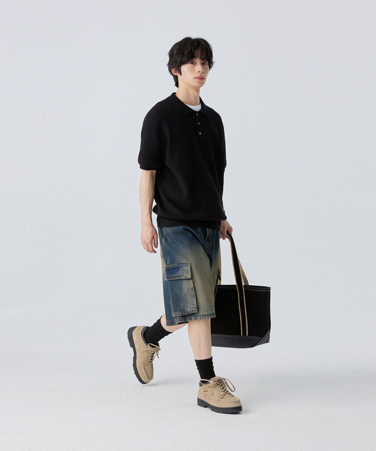 스탠즈(STENDS) [M~4XL] 오버핏 코튼 카라 반팔 니트_블랙