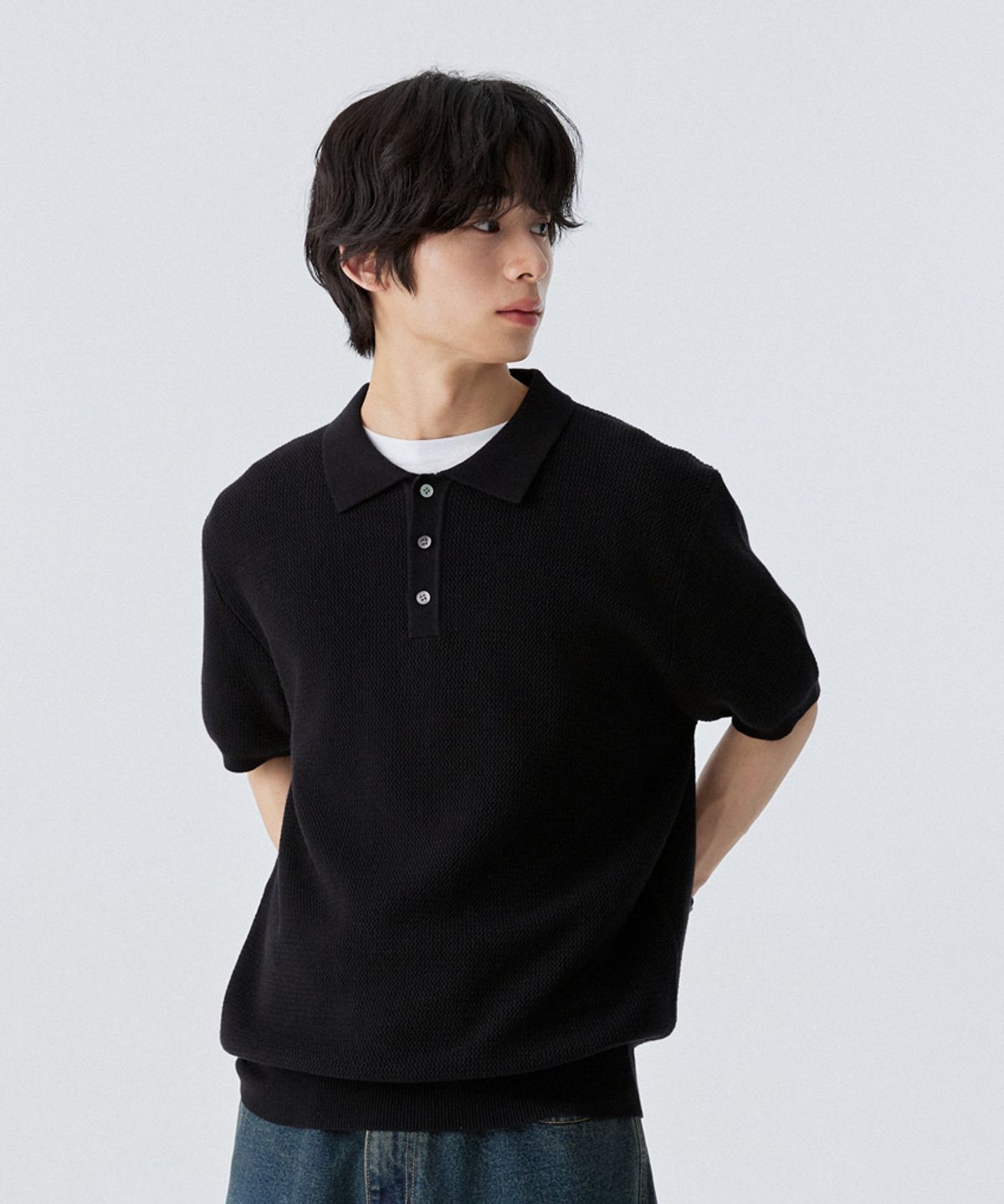 스탠즈(STENDS) [M~4XL] 오버핏 코튼 카라 반팔 니트_블랙