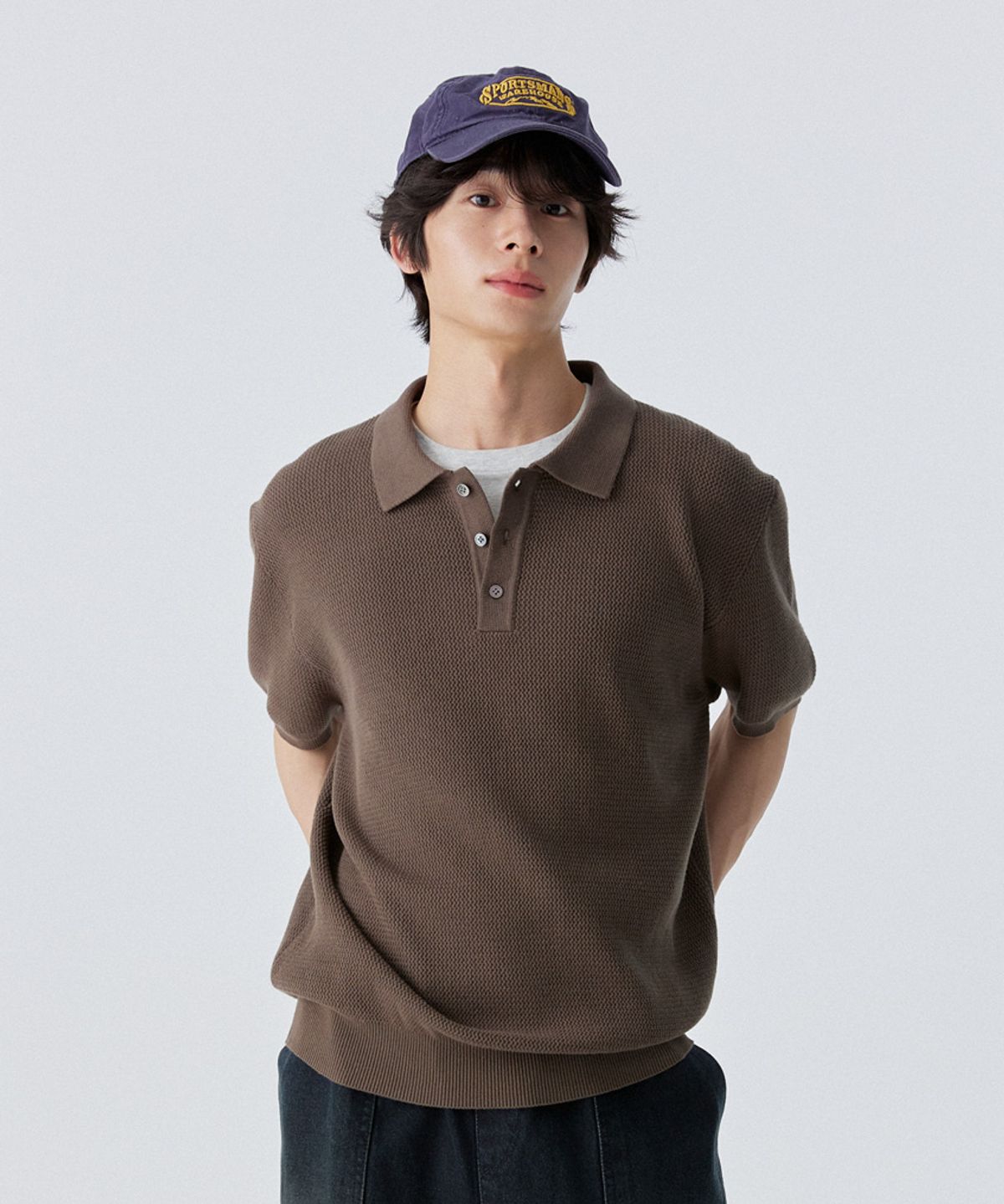 스탠즈(STENDS) [M~4XL] 오버핏 코튼 카라 반팔 니트_카키
