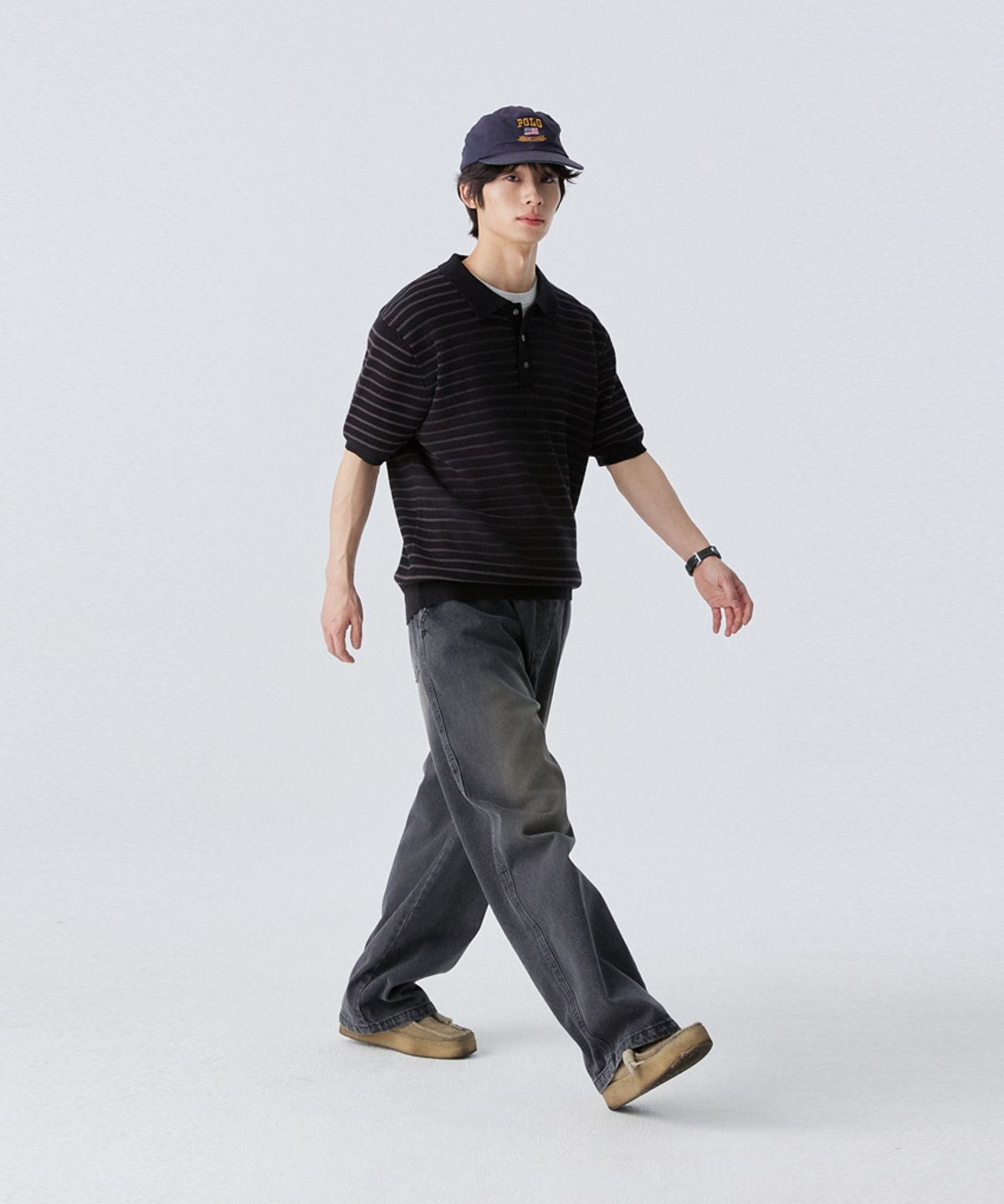 스탠즈(STENDS) [M~4XL] 오버핏 코튼 카라 반팔 니트_스트라이프 블랙