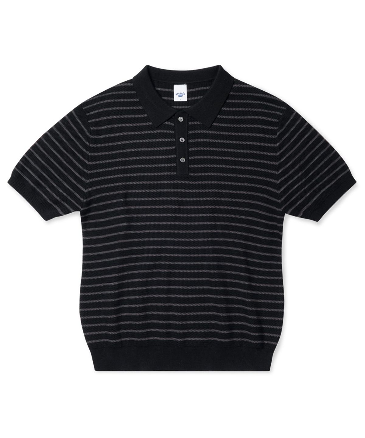 스탠즈(STENDS) [M~4XL] 오버핏 코튼 카라 반팔 니트_스트라이프 블랙