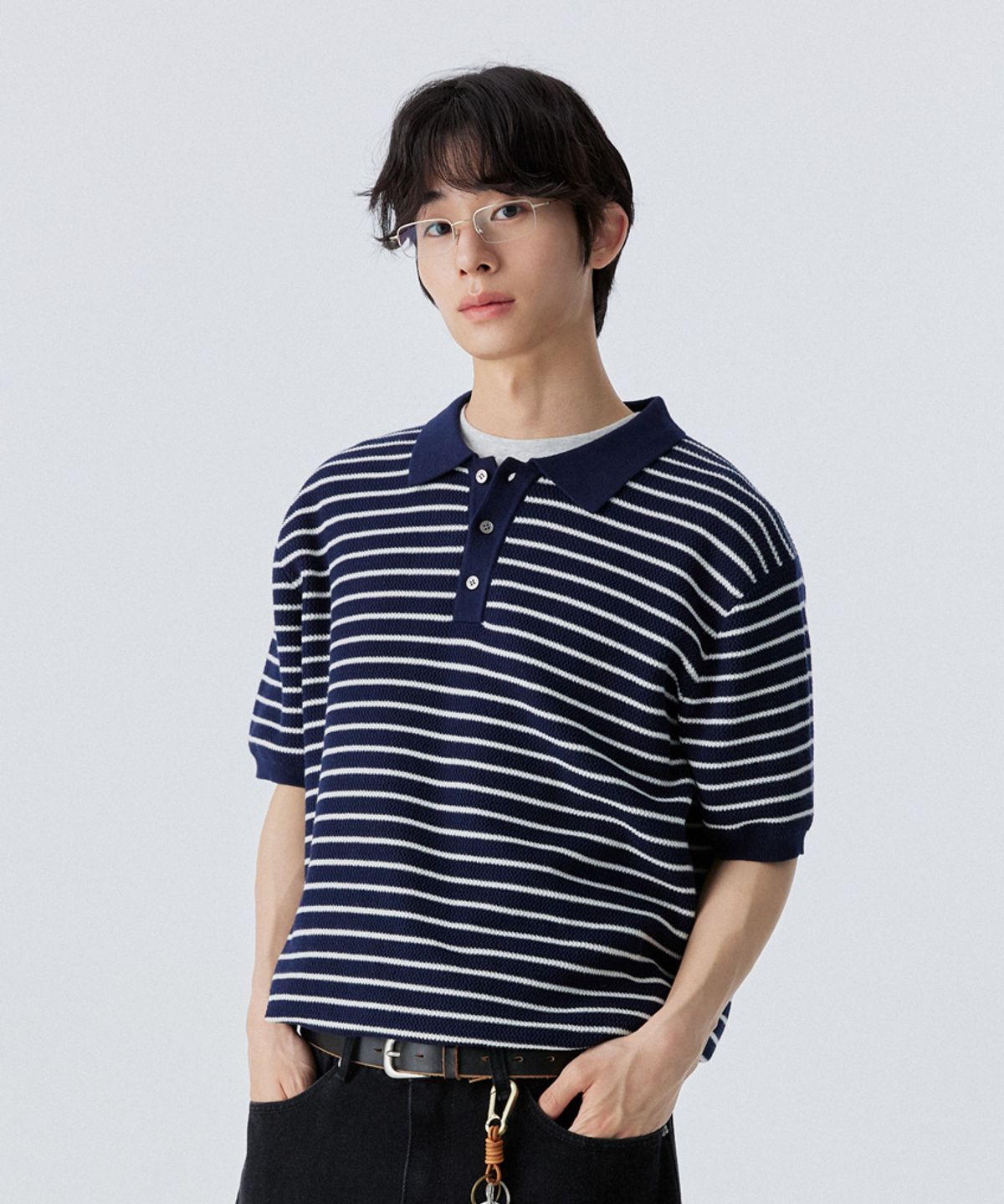 스탠즈(STENDS) [M~4XL] 오버핏 코튼 카라 반팔 니트_스트라이프 네이비