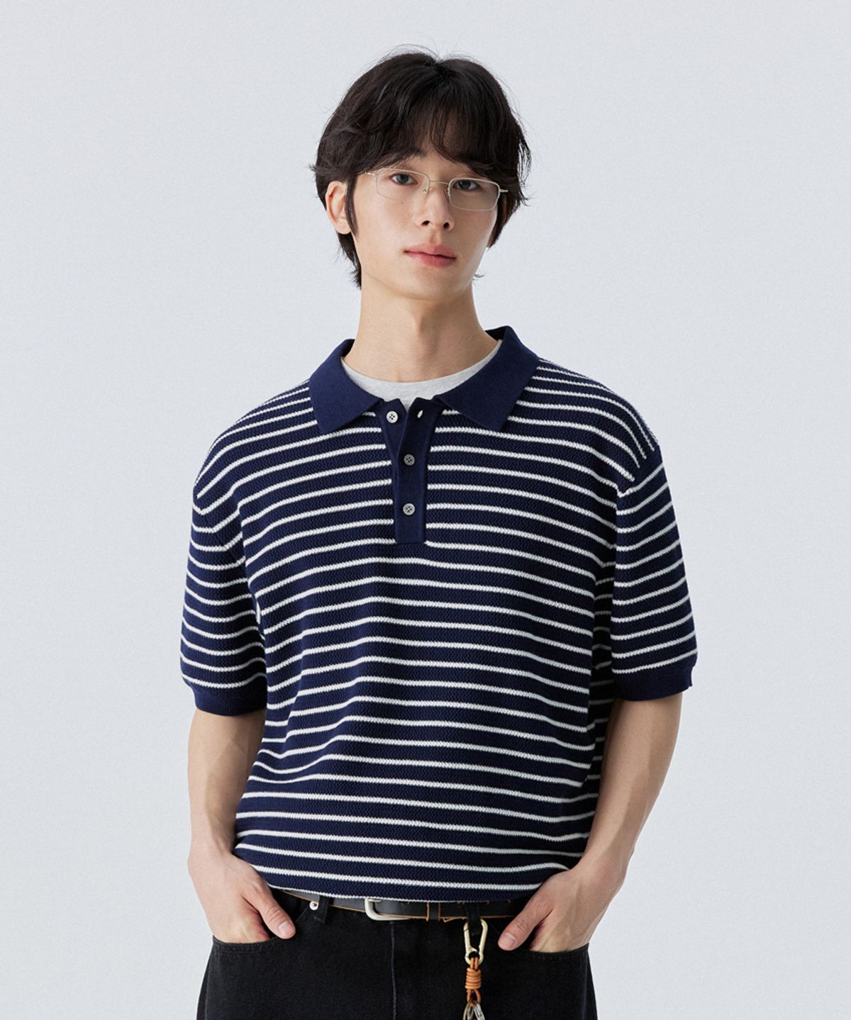 스탠즈(STENDS) [M~4XL] 오버핏 코튼 카라 반팔 니트_스트라이프 네이비