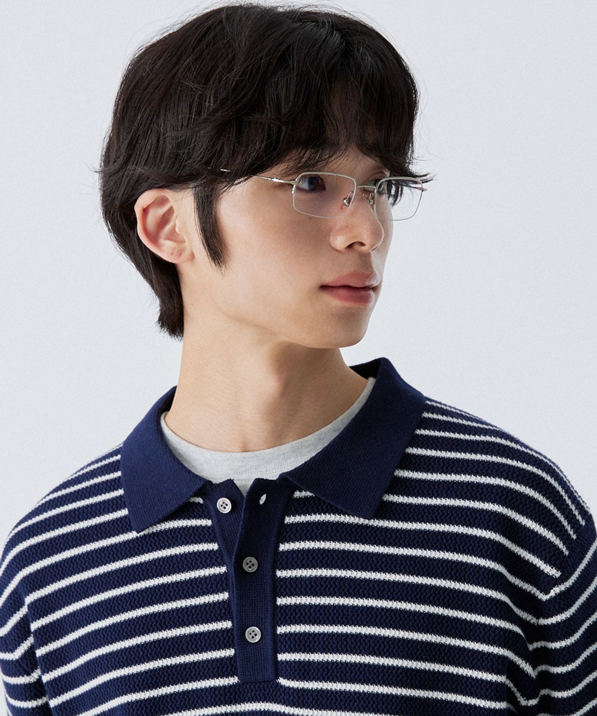 스탠즈(STENDS) [M~4XL] 오버핏 코튼 카라 반팔 니트_스트라이프 네이비