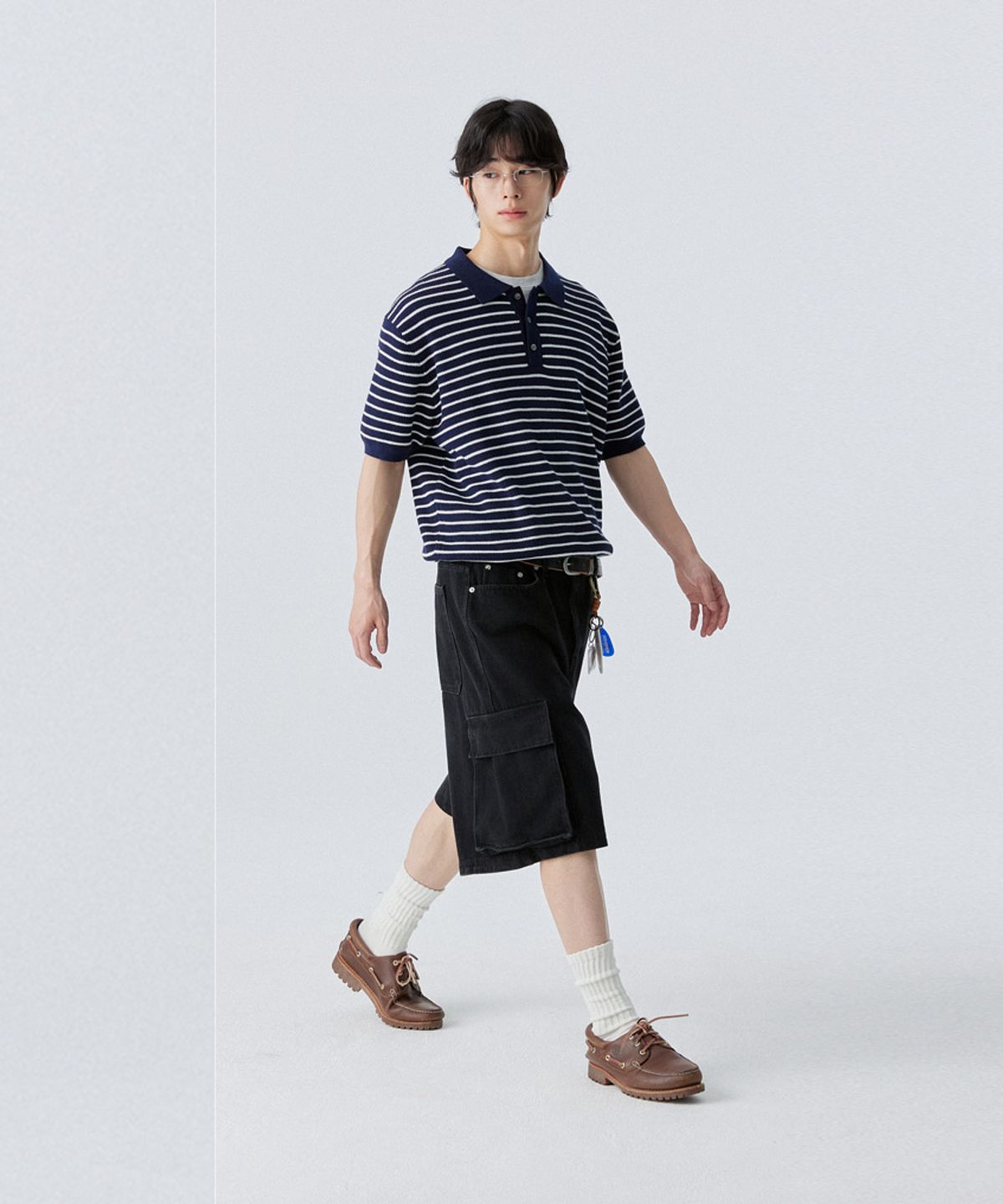 스탠즈(STENDS) [M~4XL] 오버핏 코튼 카라 반팔 니트_스트라이프 네이비