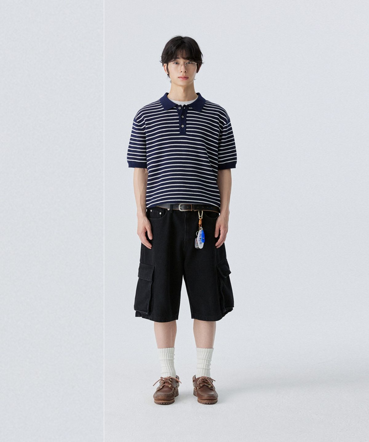 스탠즈(STENDS) [M~4XL] 오버핏 코튼 카라 반팔 니트_스트라이프 네이비