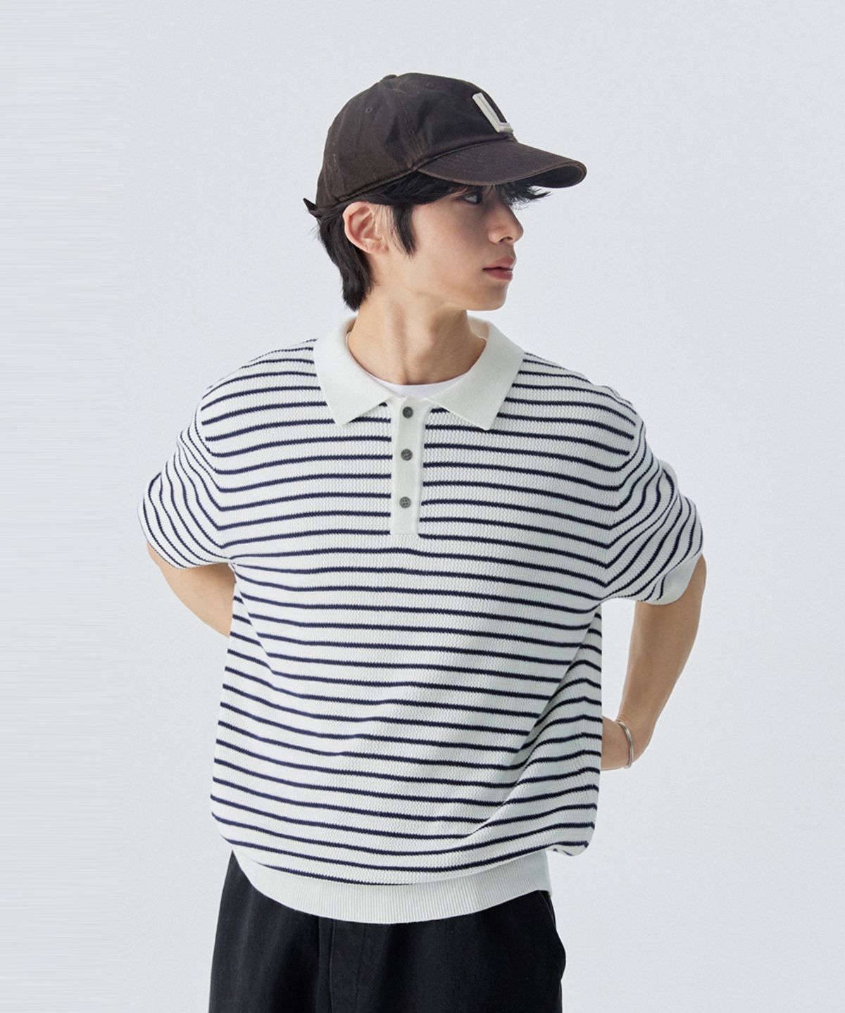 스탠즈(STENDS) [M~4XL] 오버핏 코튼 카라 반팔 니트_스트라이프 아이보리