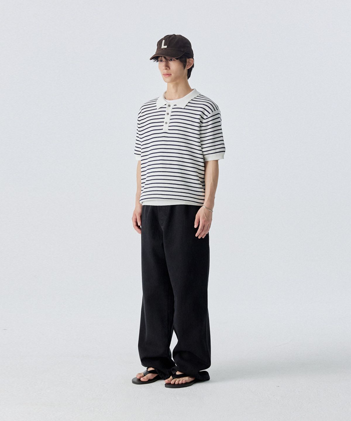 스탠즈(STENDS) [M~4XL] 오버핏 코튼 카라 반팔 니트_스트라이프 아이보리