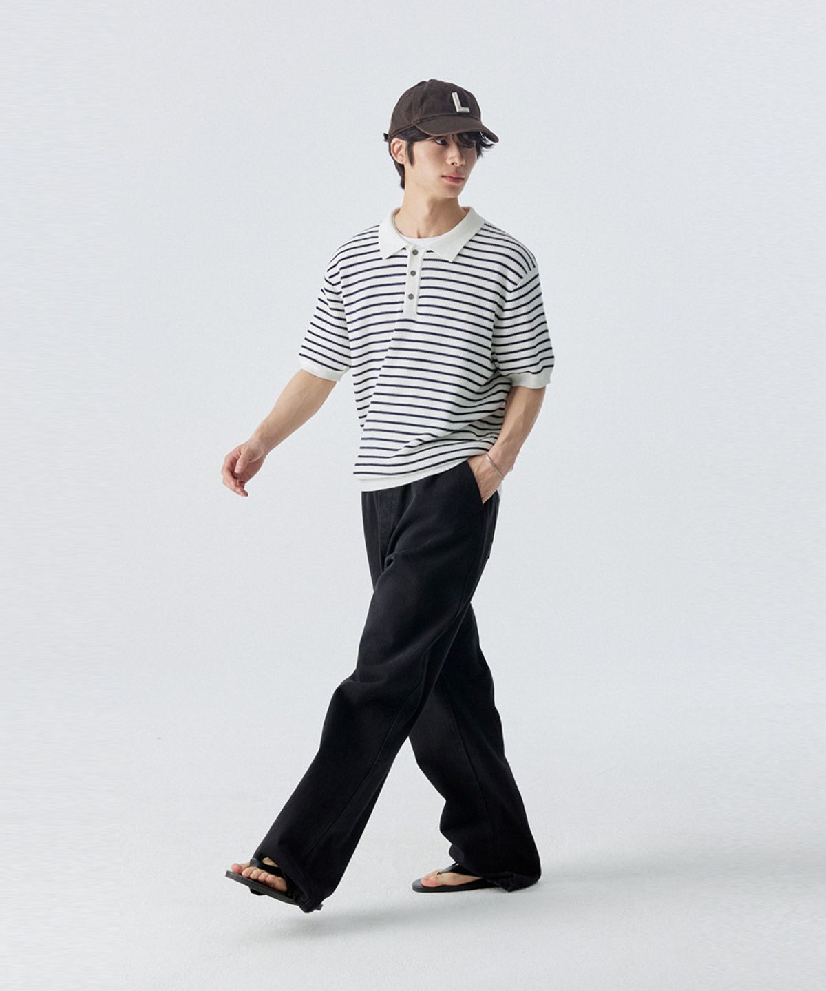 스탠즈(STENDS) [M~4XL] 오버핏 코튼 카라 반팔 니트_스트라이프 아이보리