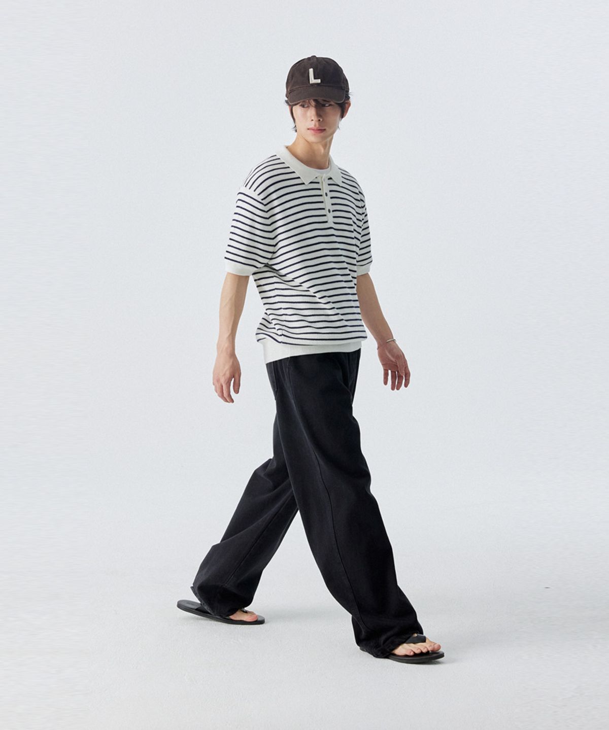 스탠즈(STENDS) [M~4XL] 오버핏 코튼 카라 반팔 니트_스트라이프 아이보리