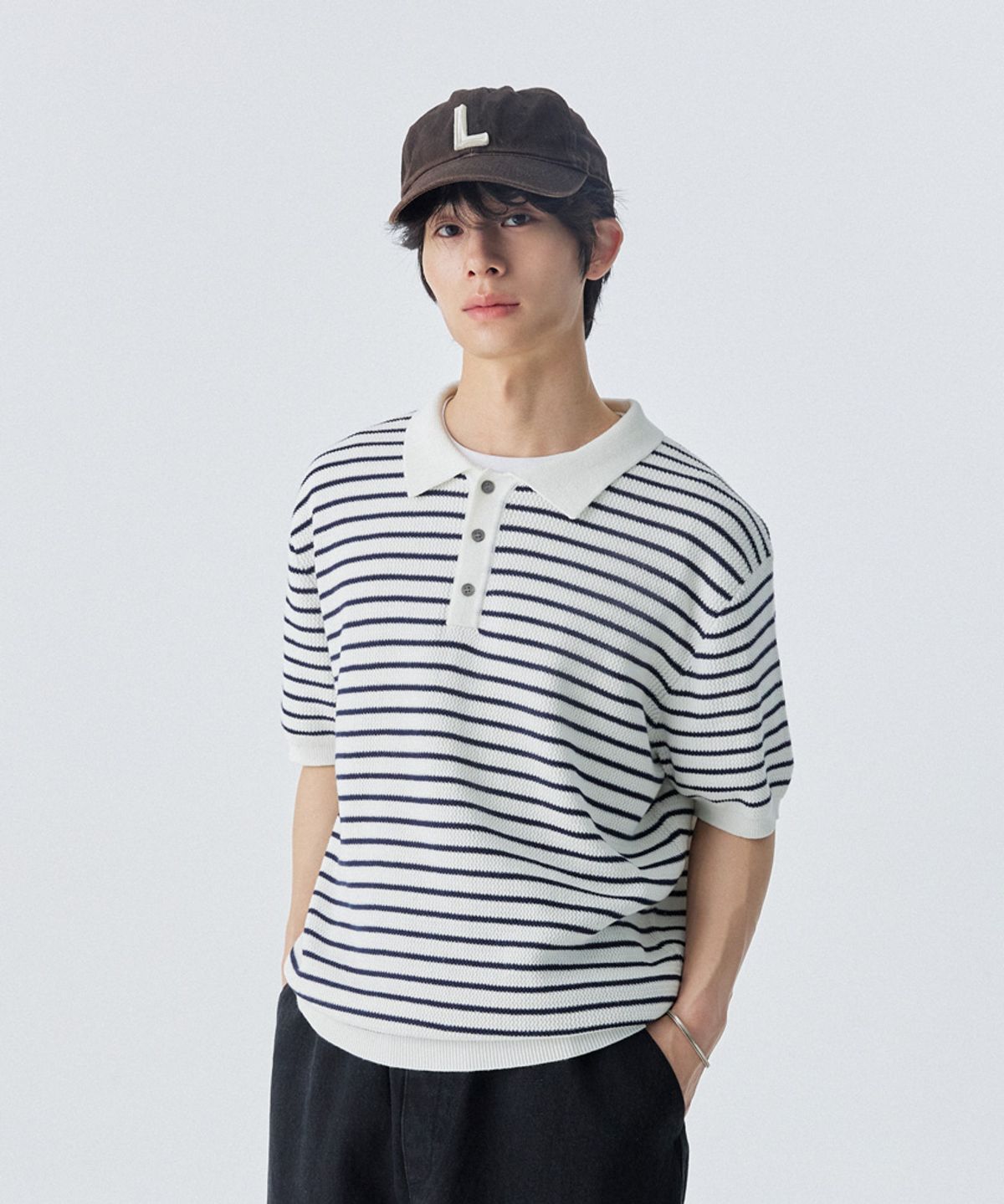 스탠즈(STENDS) [M~4XL] 오버핏 코튼 카라 반팔 니트_스트라이프 아이보리