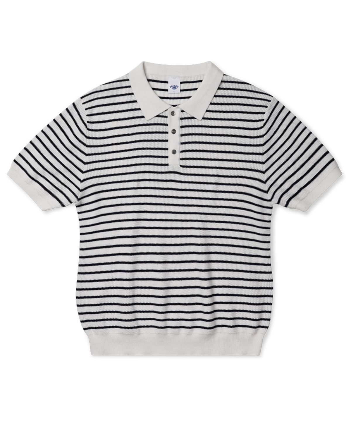 스탠즈(STENDS) [M~4XL] 오버핏 코튼 카라 반팔 니트_스트라이프 아이보리