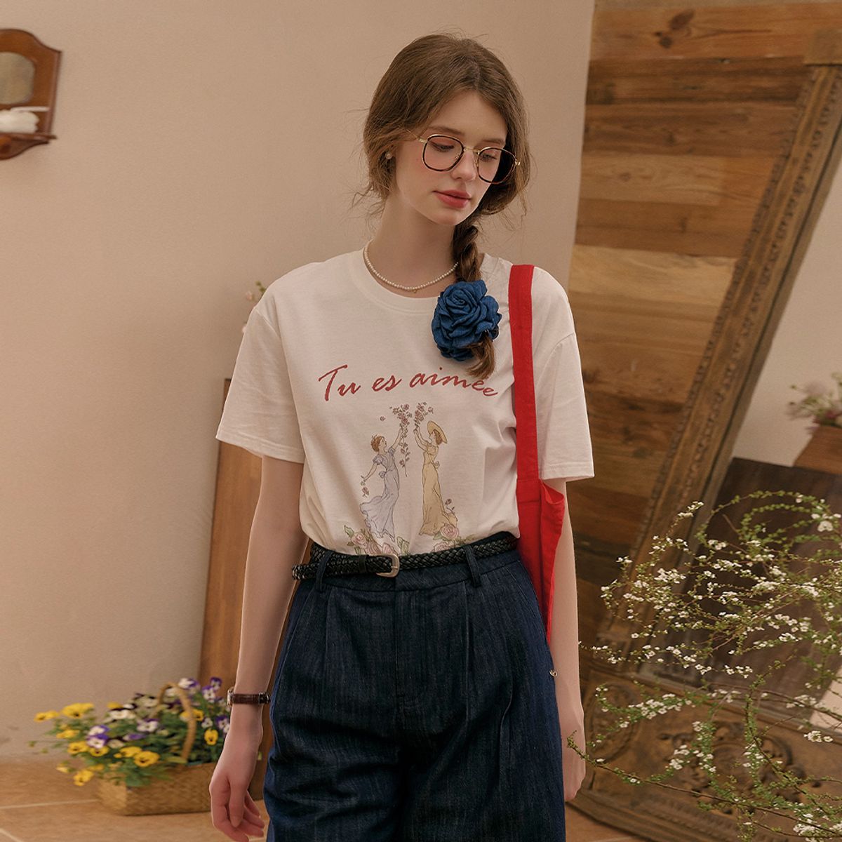 심플레트로(SIMPLE RETRO) SR_Love print white top