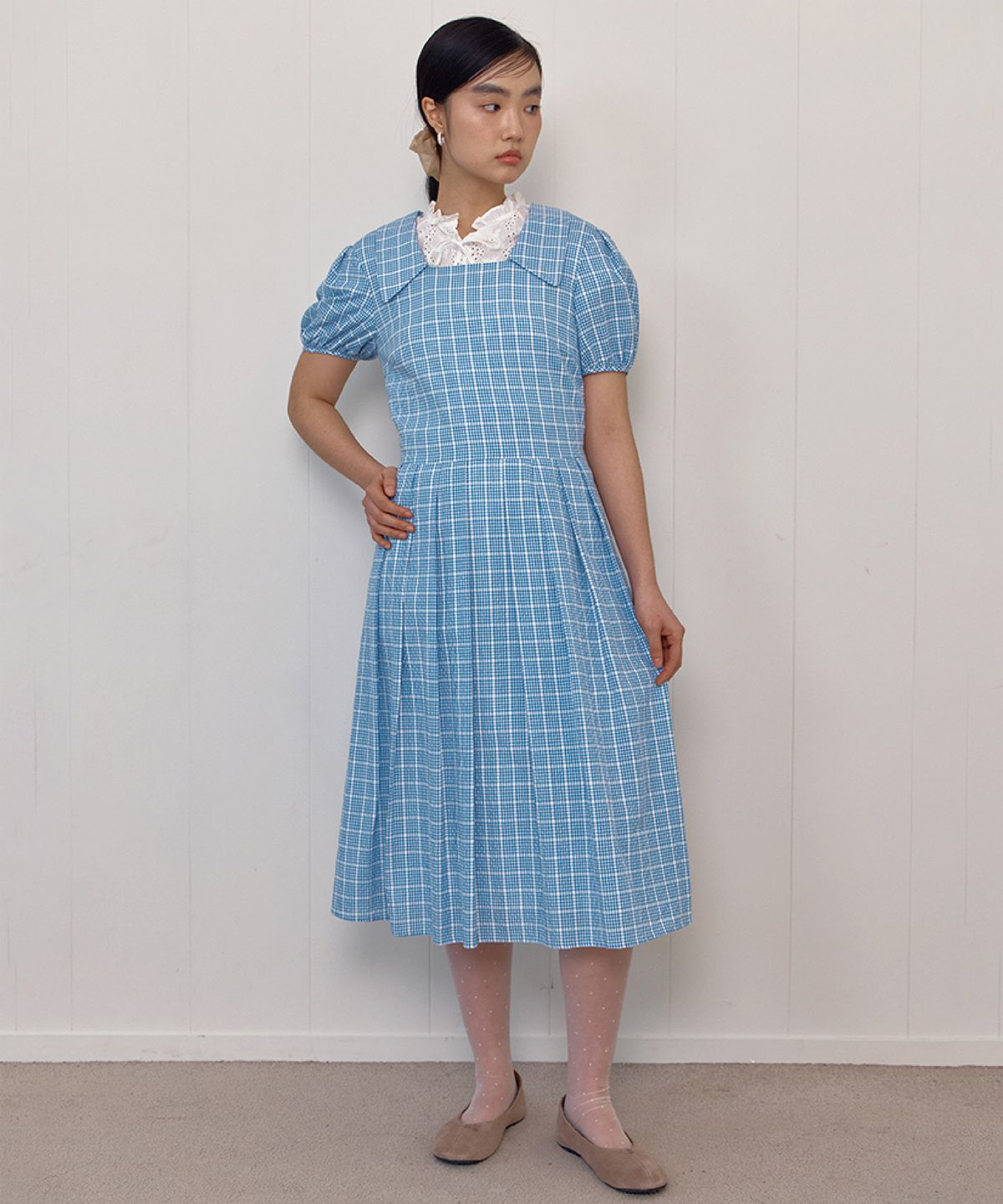 셀리테일즈(CELITAILS) POINT COLLAR CHECK LONG DRESS_BLUE