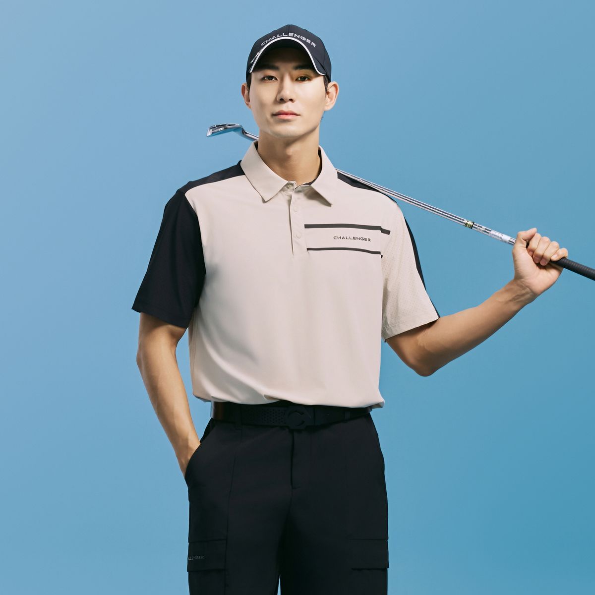 챌린저(CHALLENGER) 남성 트리코트 컬러블럭 카라 반팔 티셔츠 카키베이지