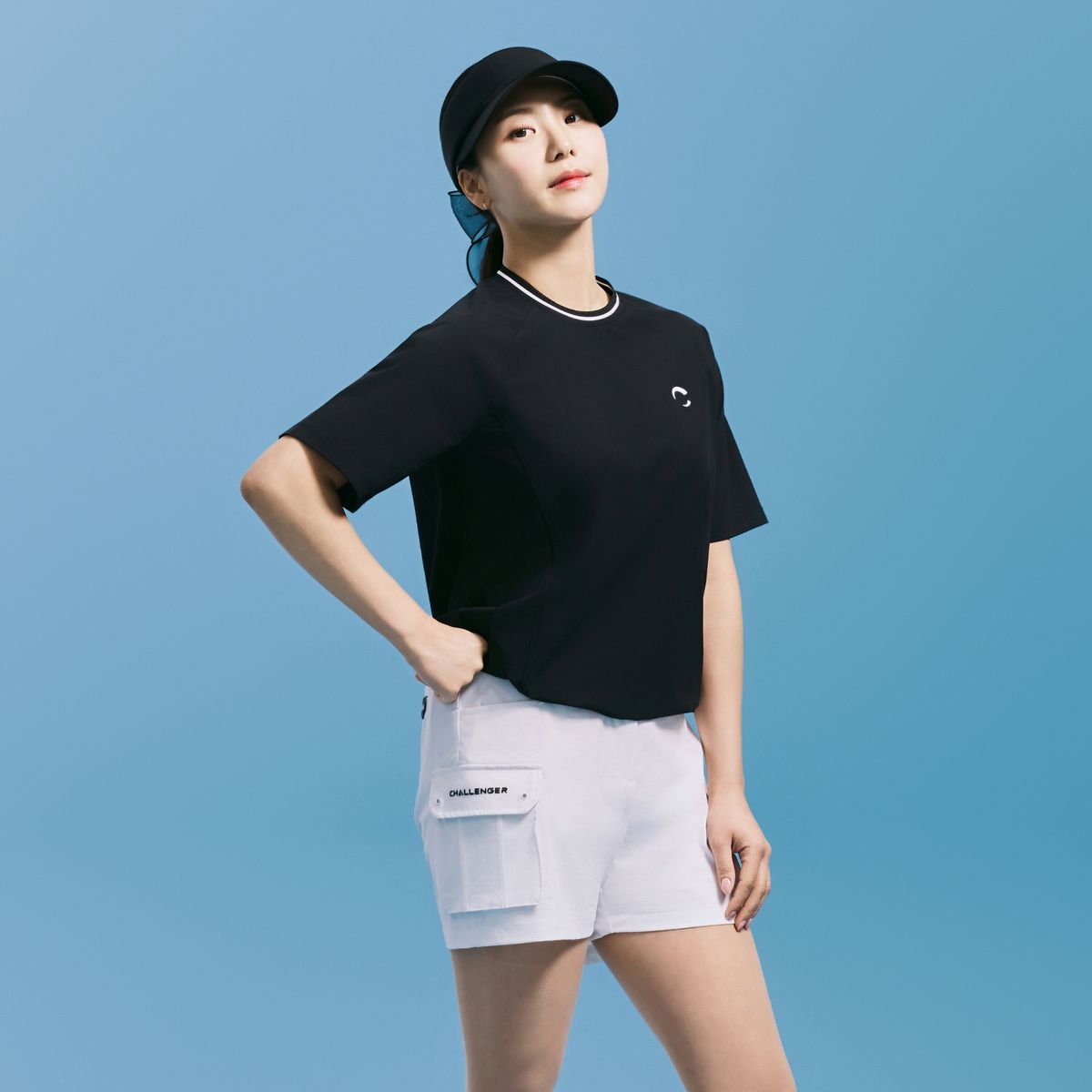 챌린저(CHALLENGER) 여성 우븐 배색 래글런 스트링 라운드 반팔 티셔츠 블랙