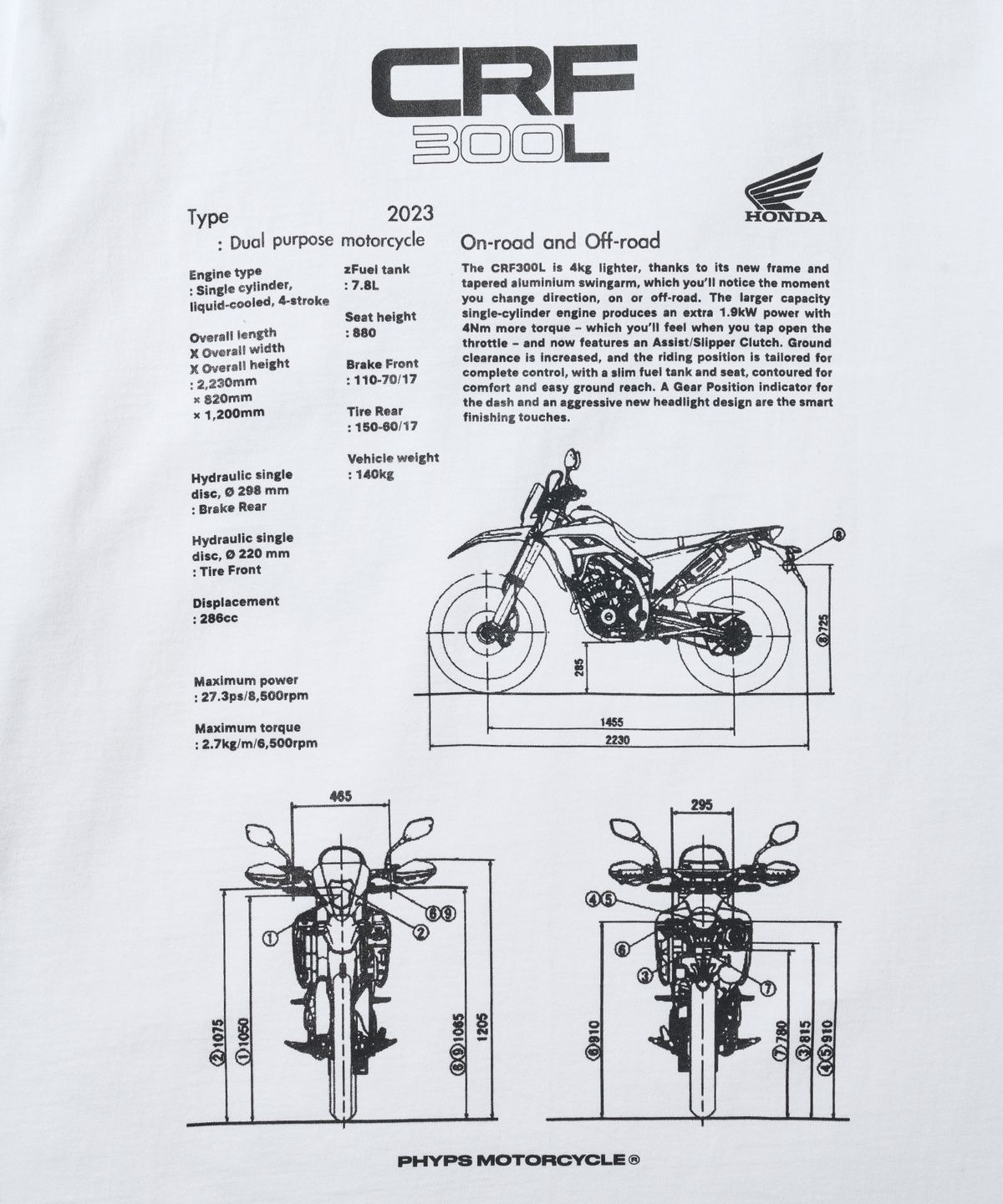 핍스 모터사이클(PHYPS MOTORCYCLE) CRF 300L Modeling Short Sleeve White