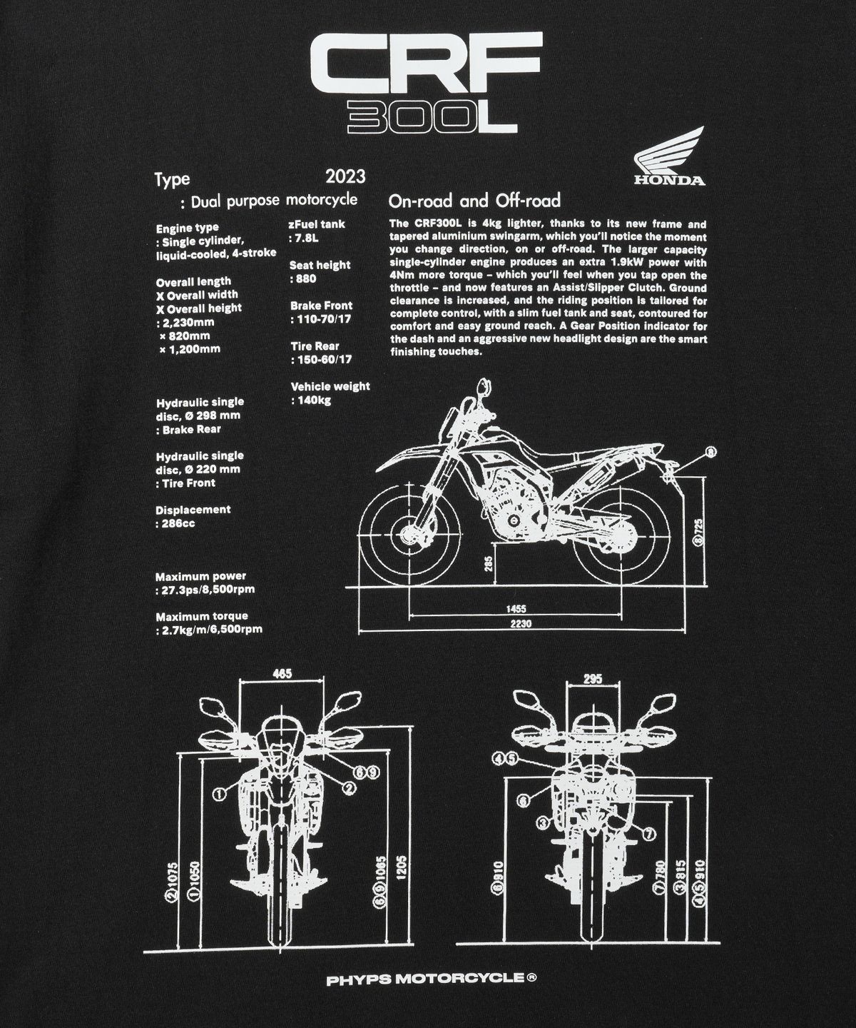핍스 모터사이클(PHYPS MOTORCYCLE) CRF 300L Modeling Short Sleeve Black