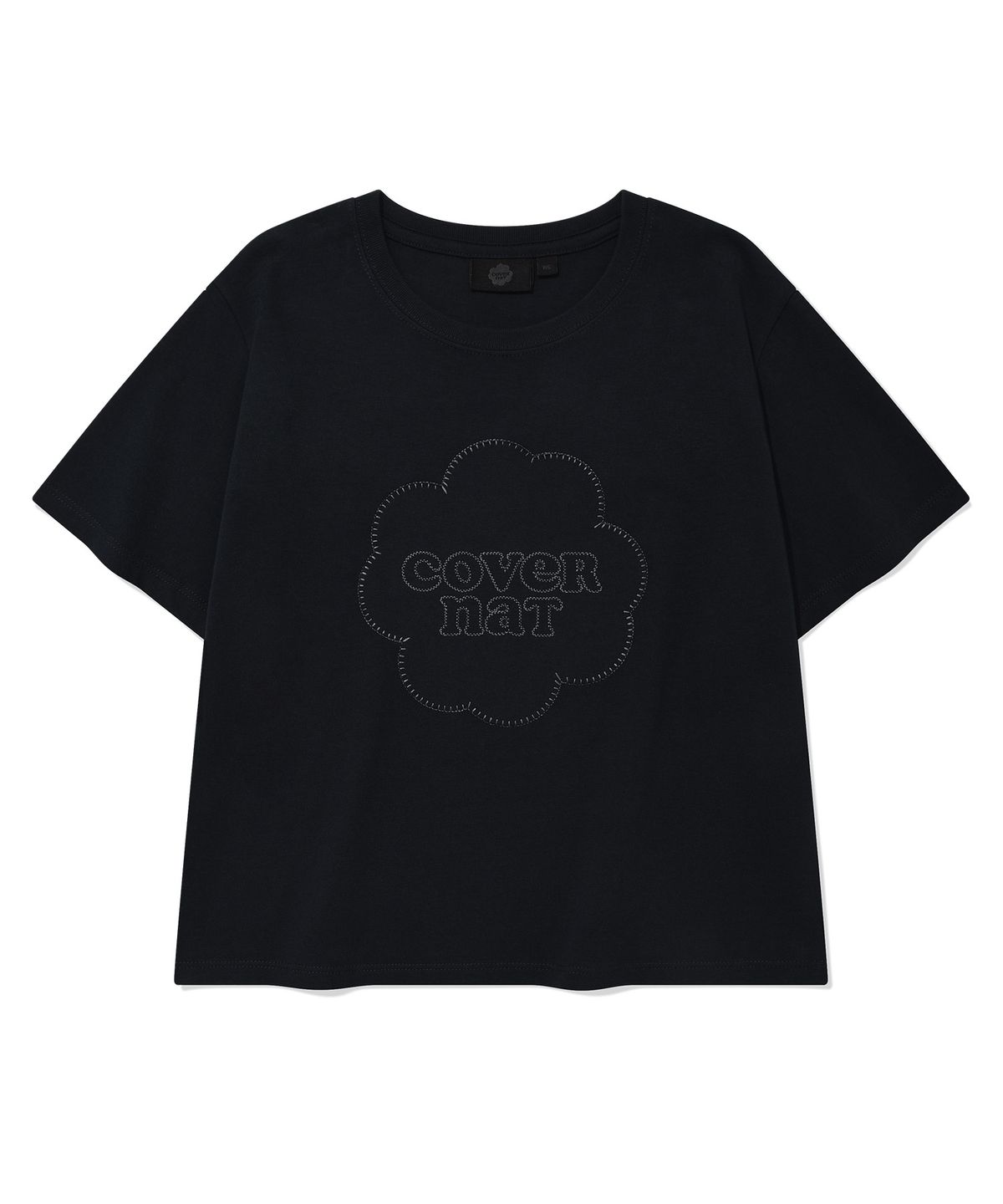 커버낫 우먼(COVERNAT WOMAN) 우먼 크롭 클로버하트 패치워크 티셔츠 Navy