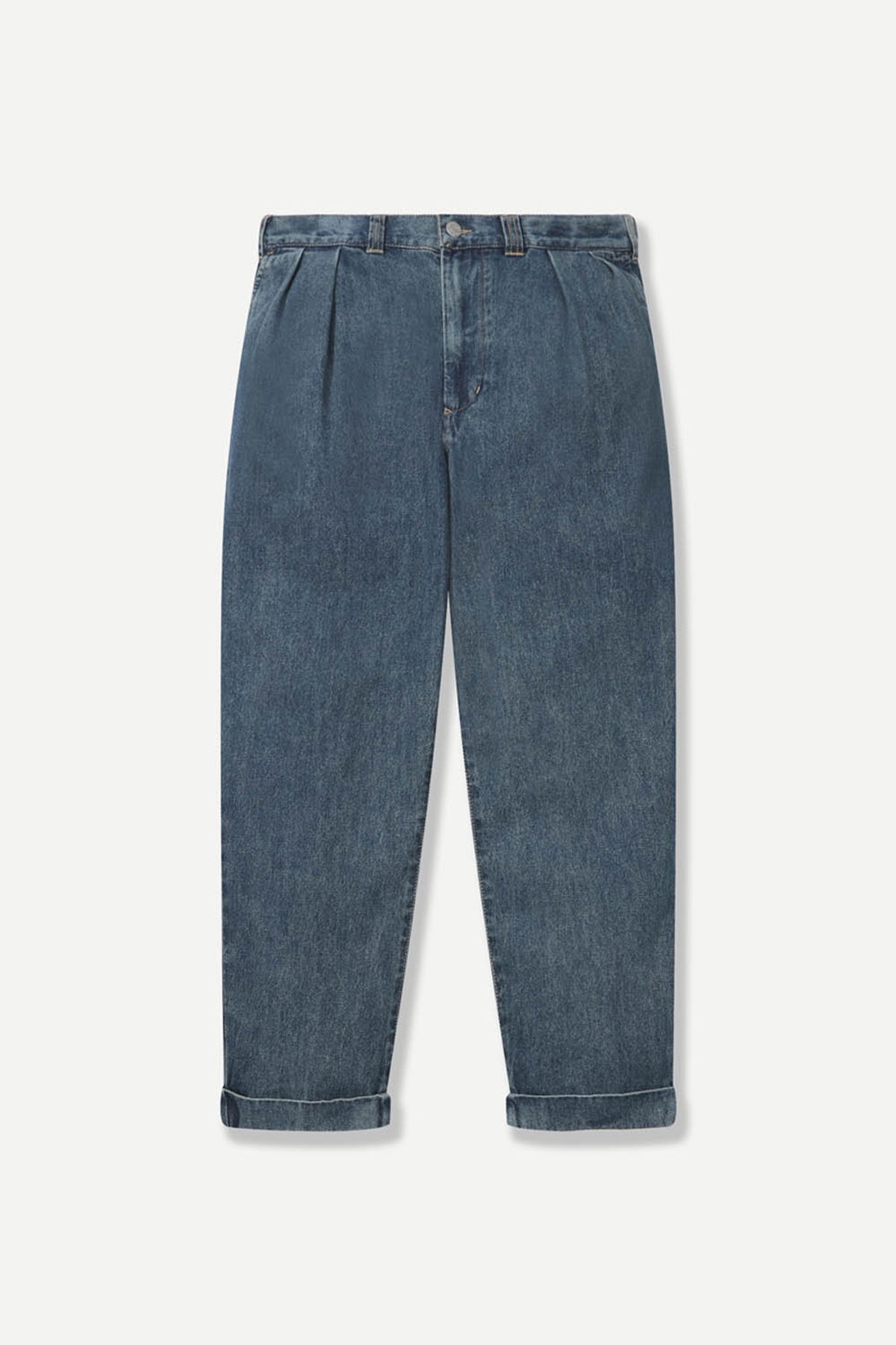 본(BON) 테이퍼드 핏 투턱 데님 팬츠 네이비 BNESTA323NY