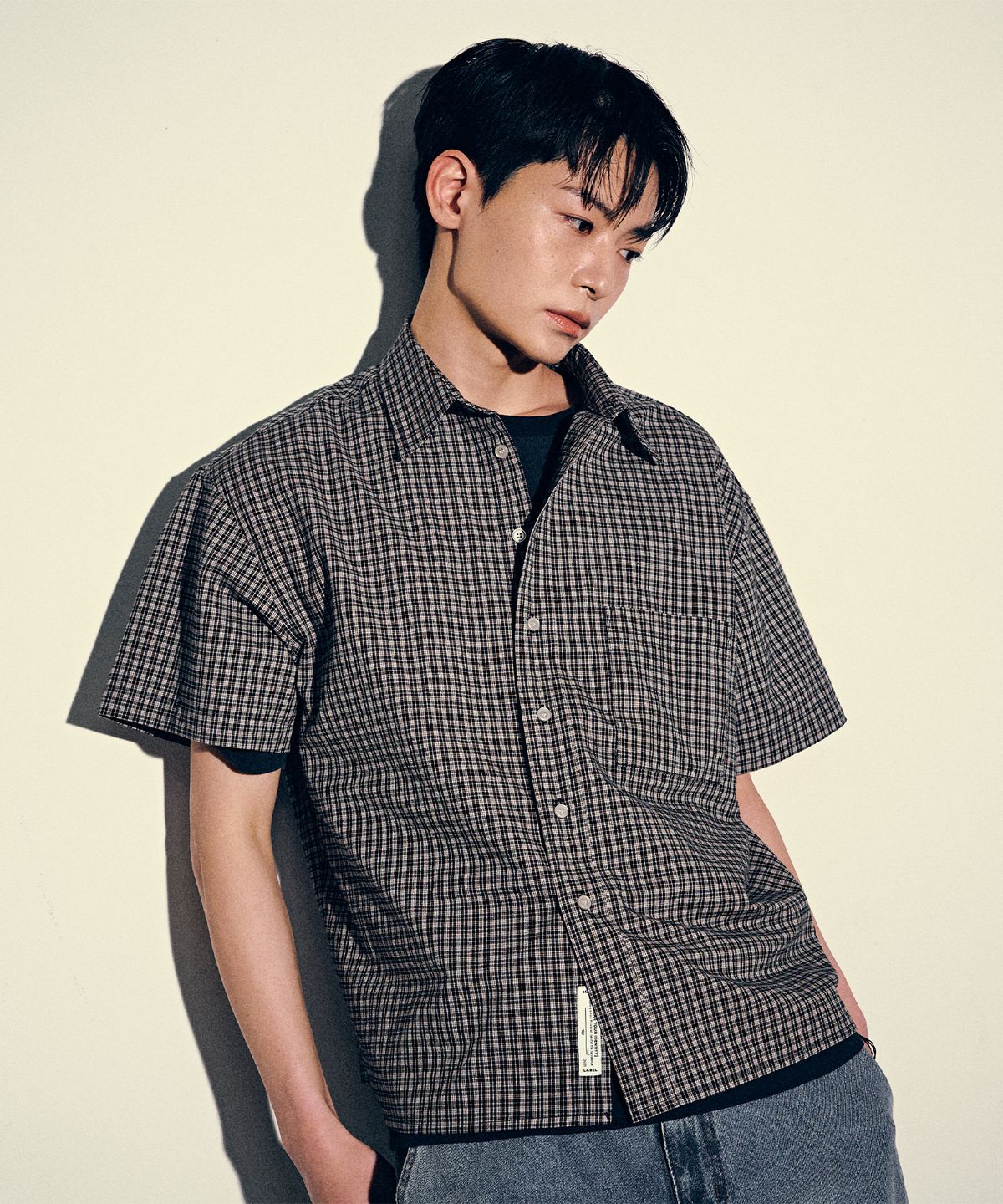 슈퍼서브(SUPERSUB) UNISEX 크롭 체크 반팔 셔츠-네이비
