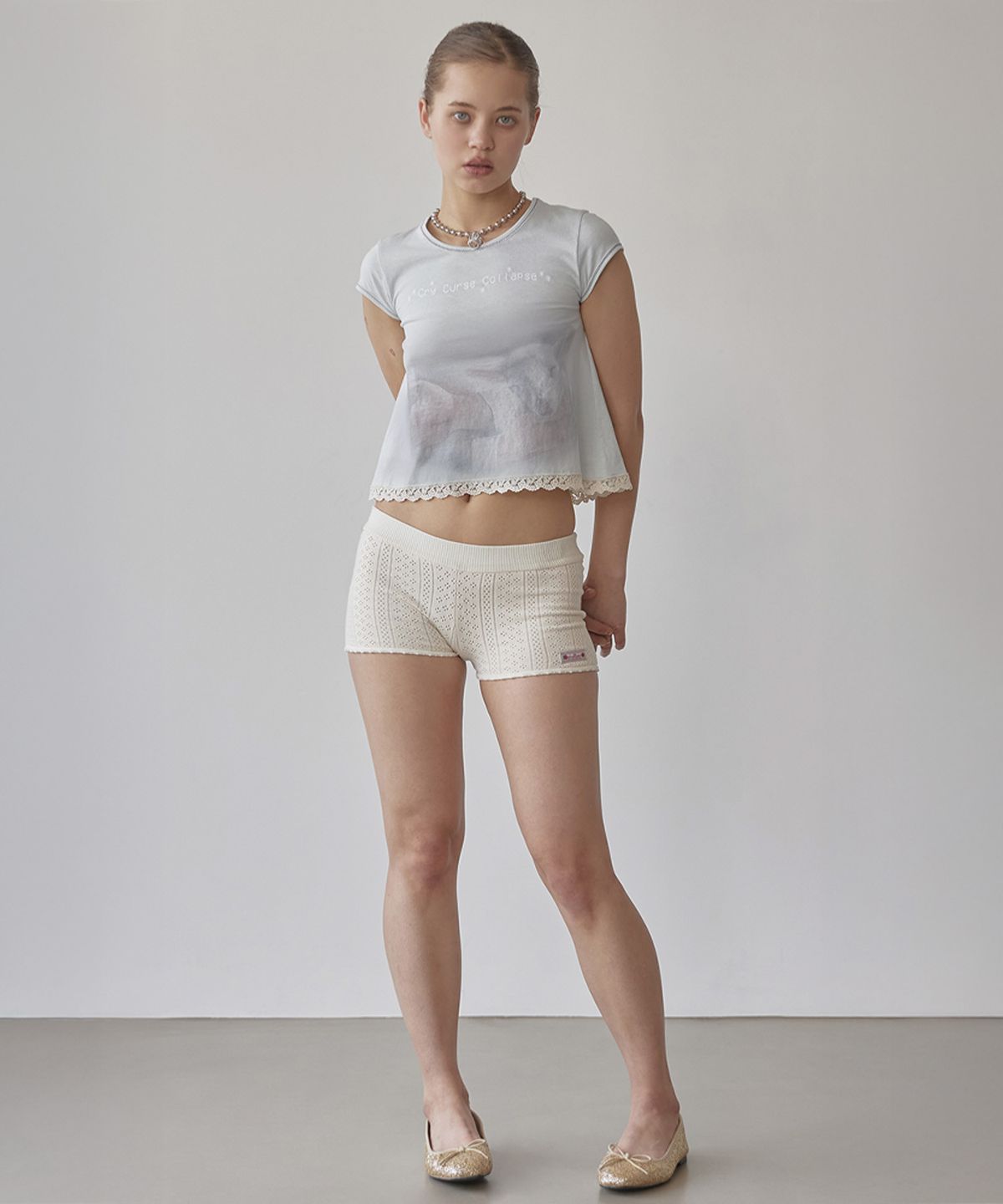 스컬프터(SCULPTOR) Lace Crop Baby Tee Mystic Blue