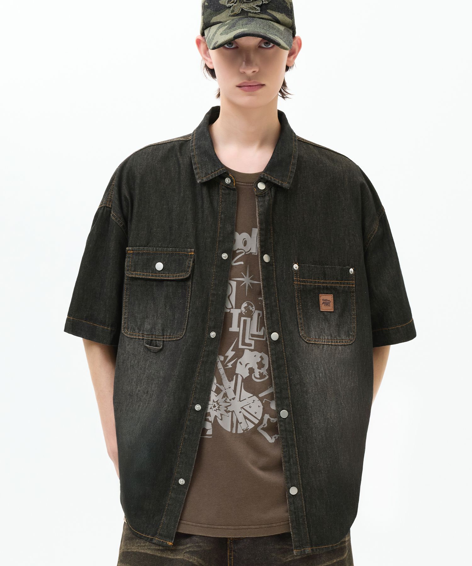 Tシャツ・カットソー [TRILLION]Leather Patch Oversized Denim Short Sleeve Shirt MUSINSA | TRILLION Leather Patch Overfit Work Denim Short